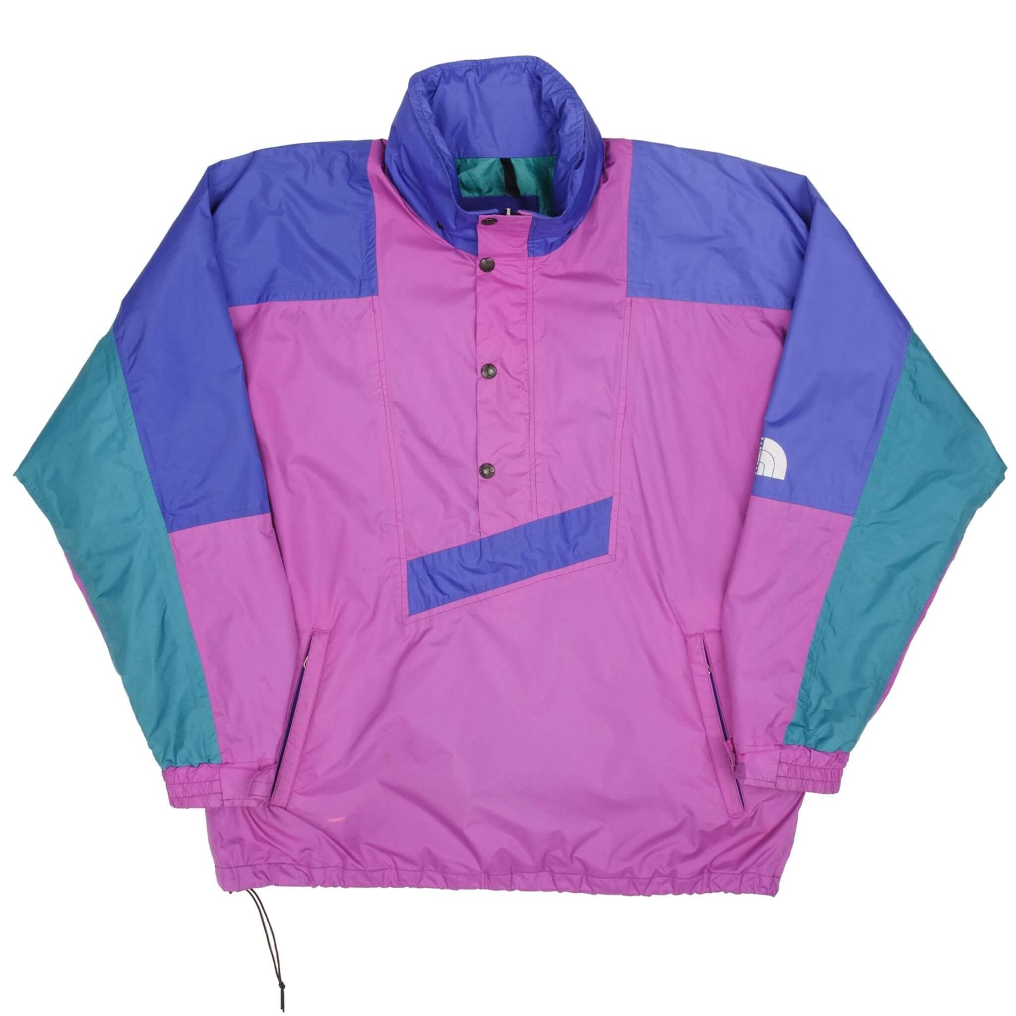 Full front of The North Face color-block pullover windbreaker with snap placket and zip pockets