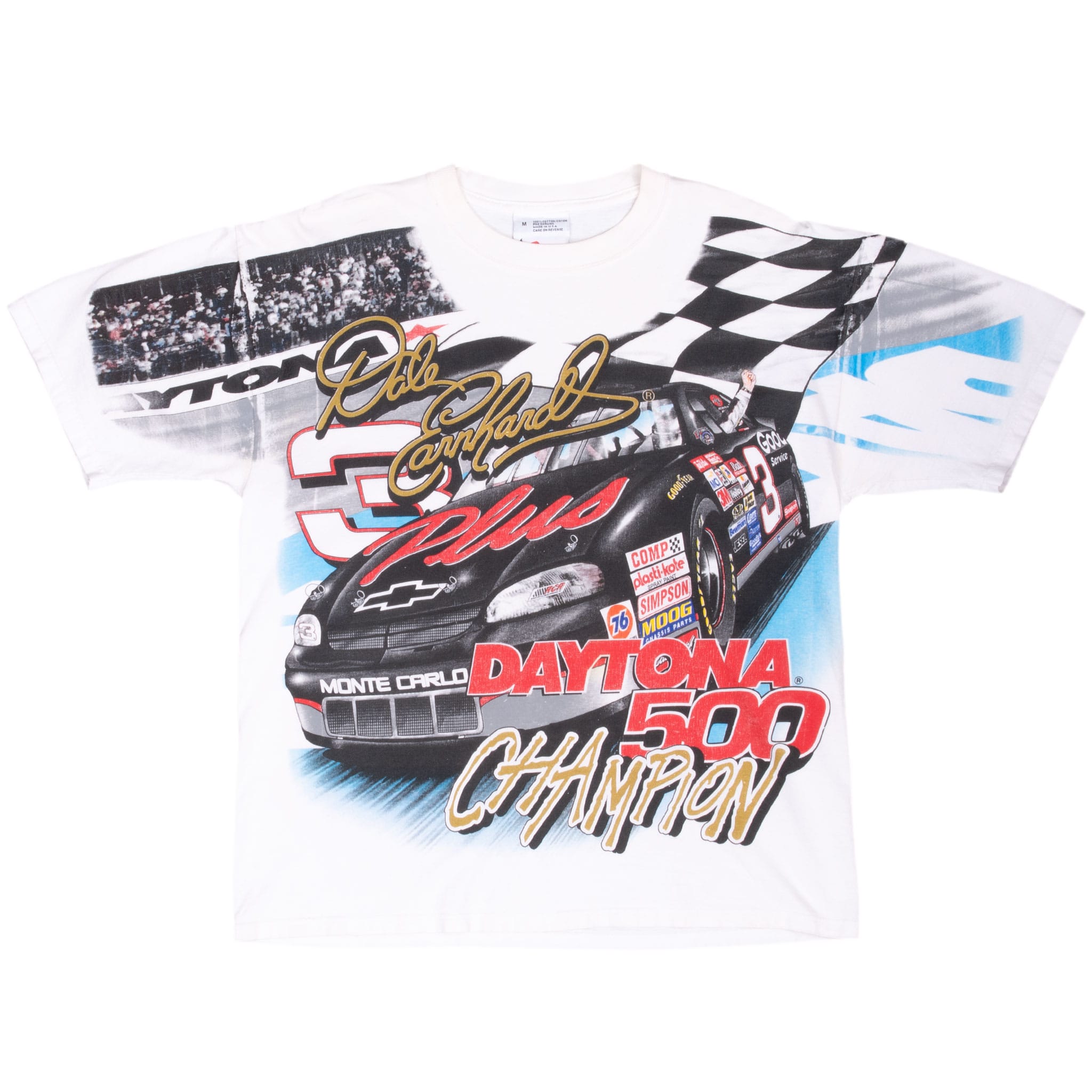 Front of white Dale Earnhardt Daytona 500 Champion all-over print T-shirt