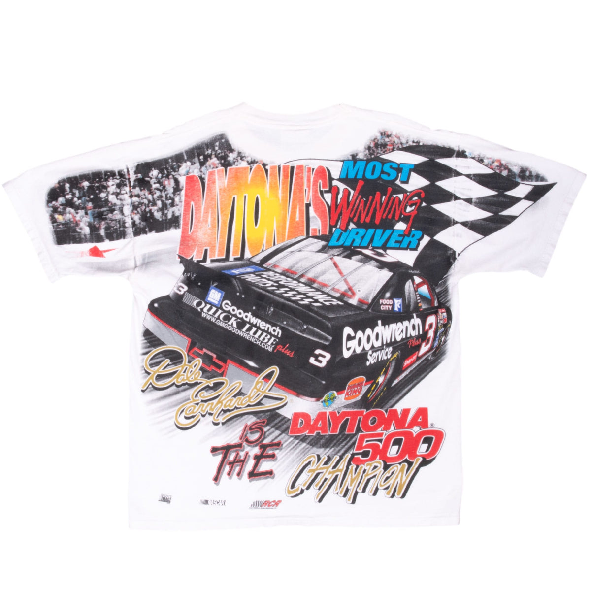 Back of white Dale Earnhardt T-shirt with No. 3 car, checkered flag and Daytona 500 graphic