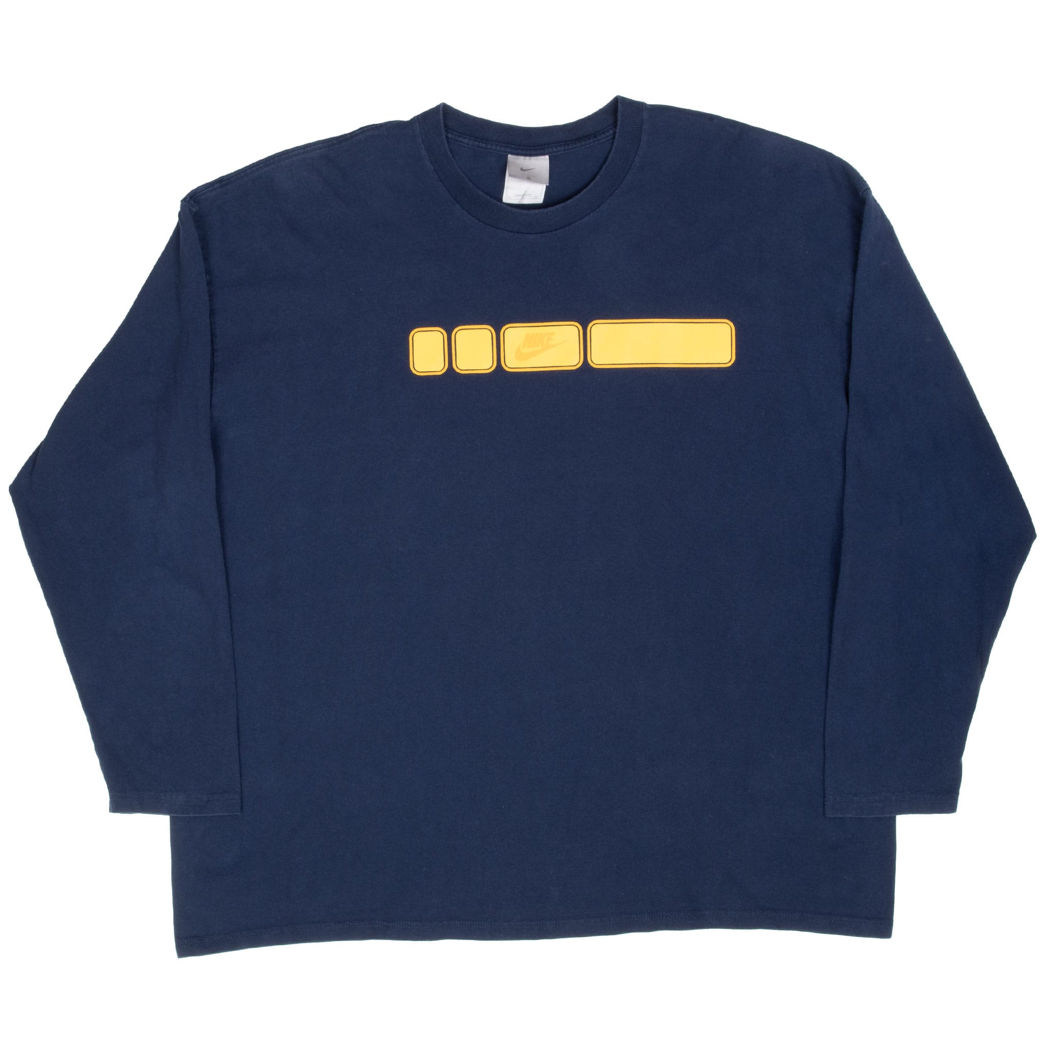 Front view of navy Nike long-sleeve T-shirt with yellow geometric chest graphic