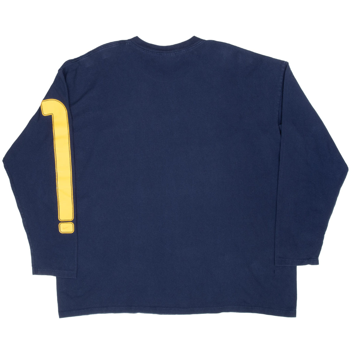 Back view of navy Nike long-sleeve T-shirt with oversized yellow sleeve graphic