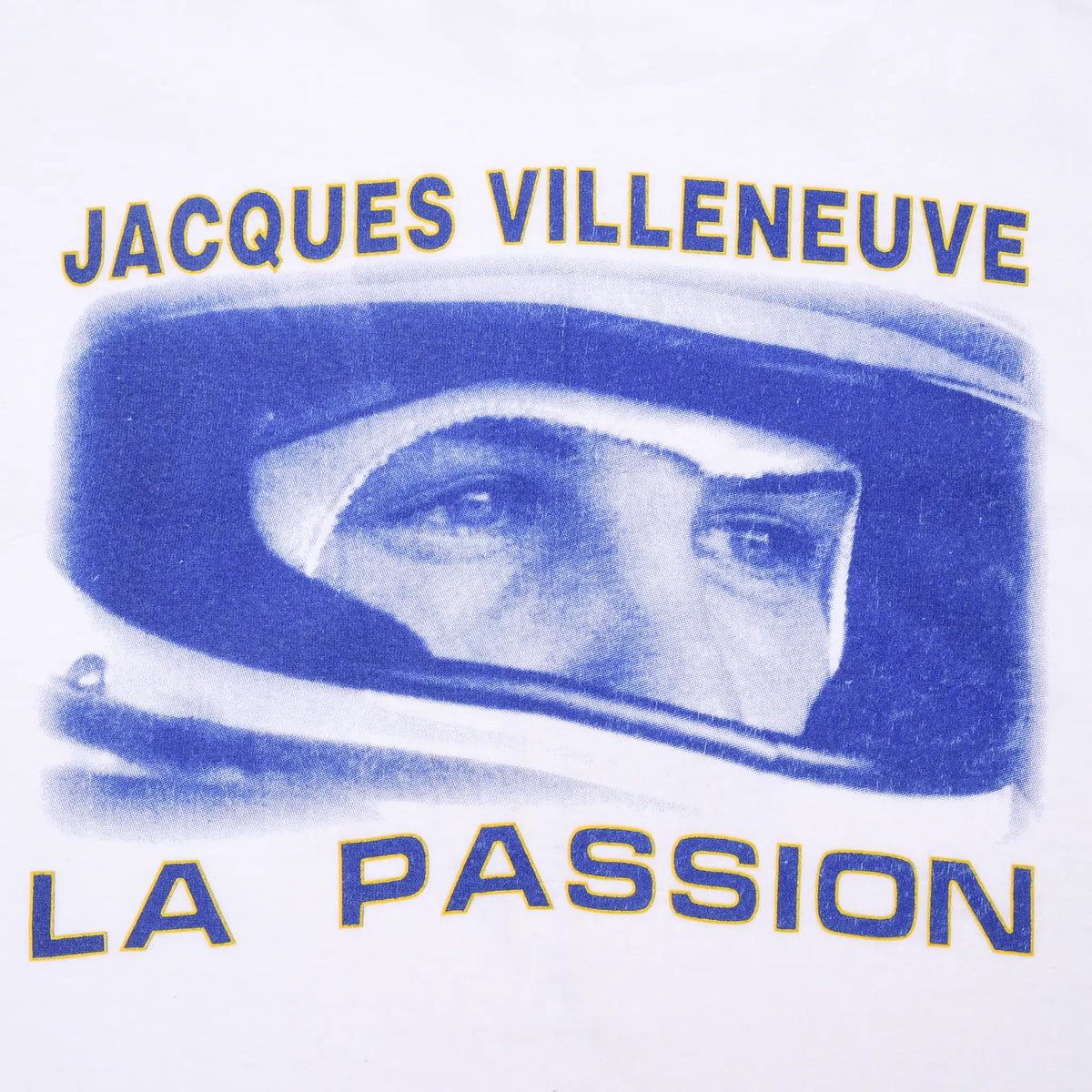 Close-up of Jacques Villeneuve helmet portrait and La Passion back print