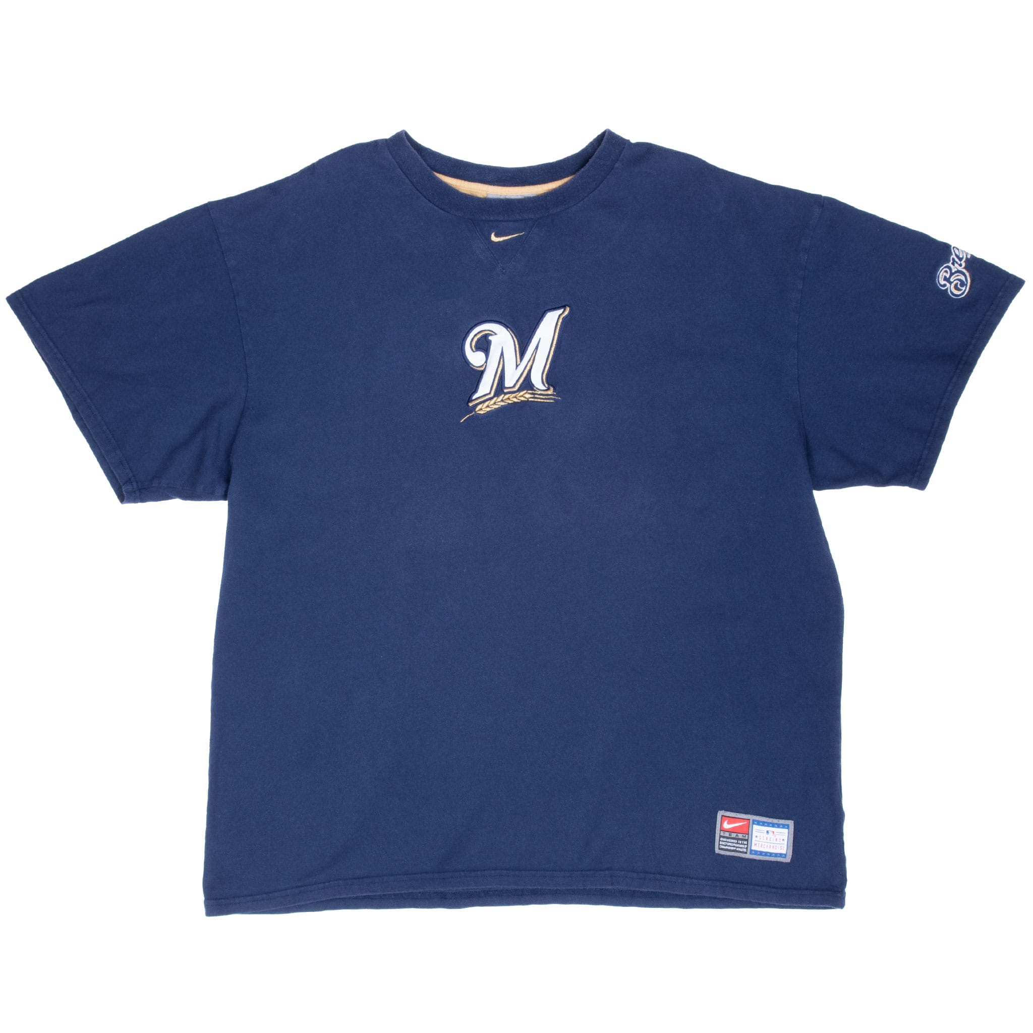 Front of blue Nike Milwaukee Brewers short-sleeve T-shirt with centered M logo