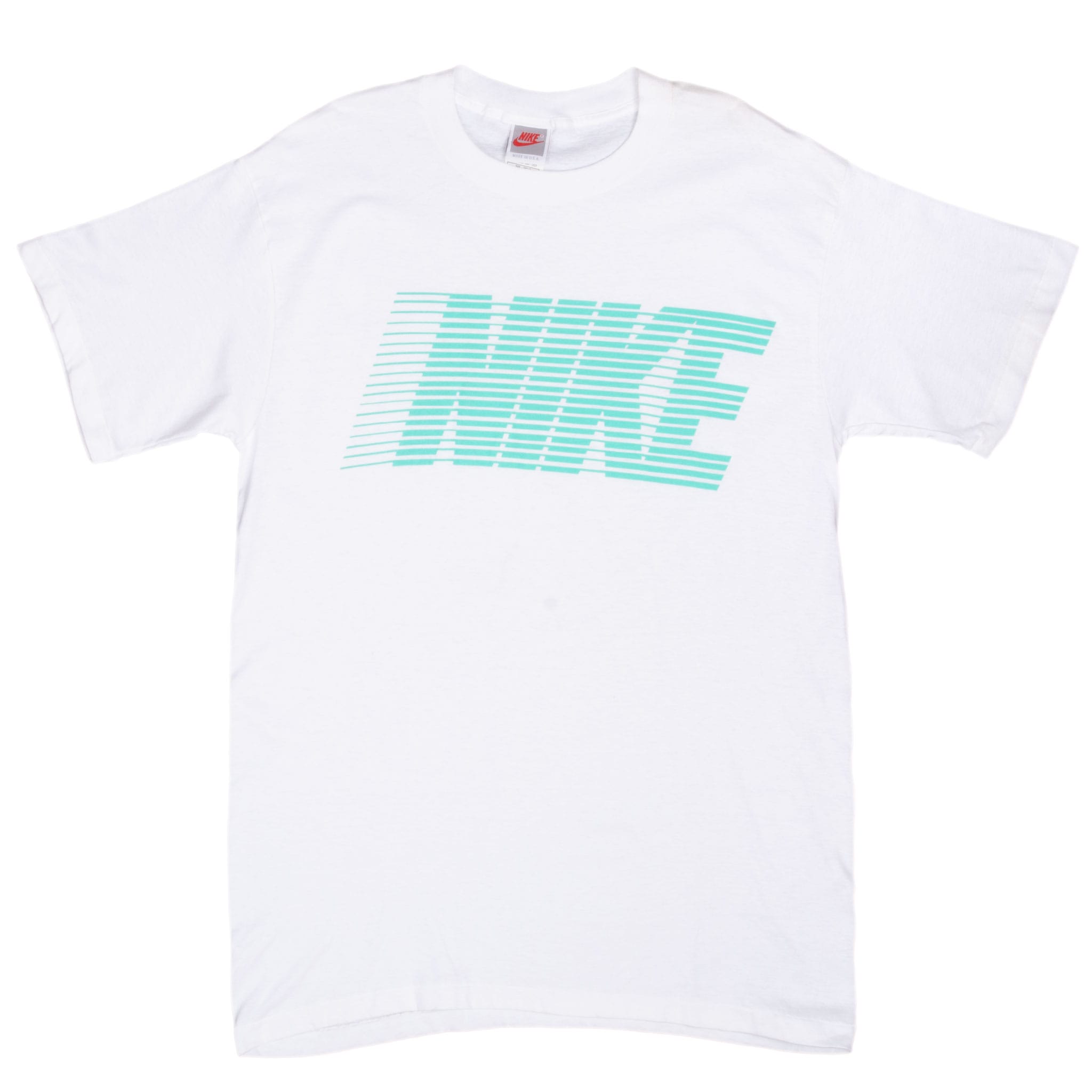 Front of white Nike crewneck T-shirt with large turquoise striped wordmark