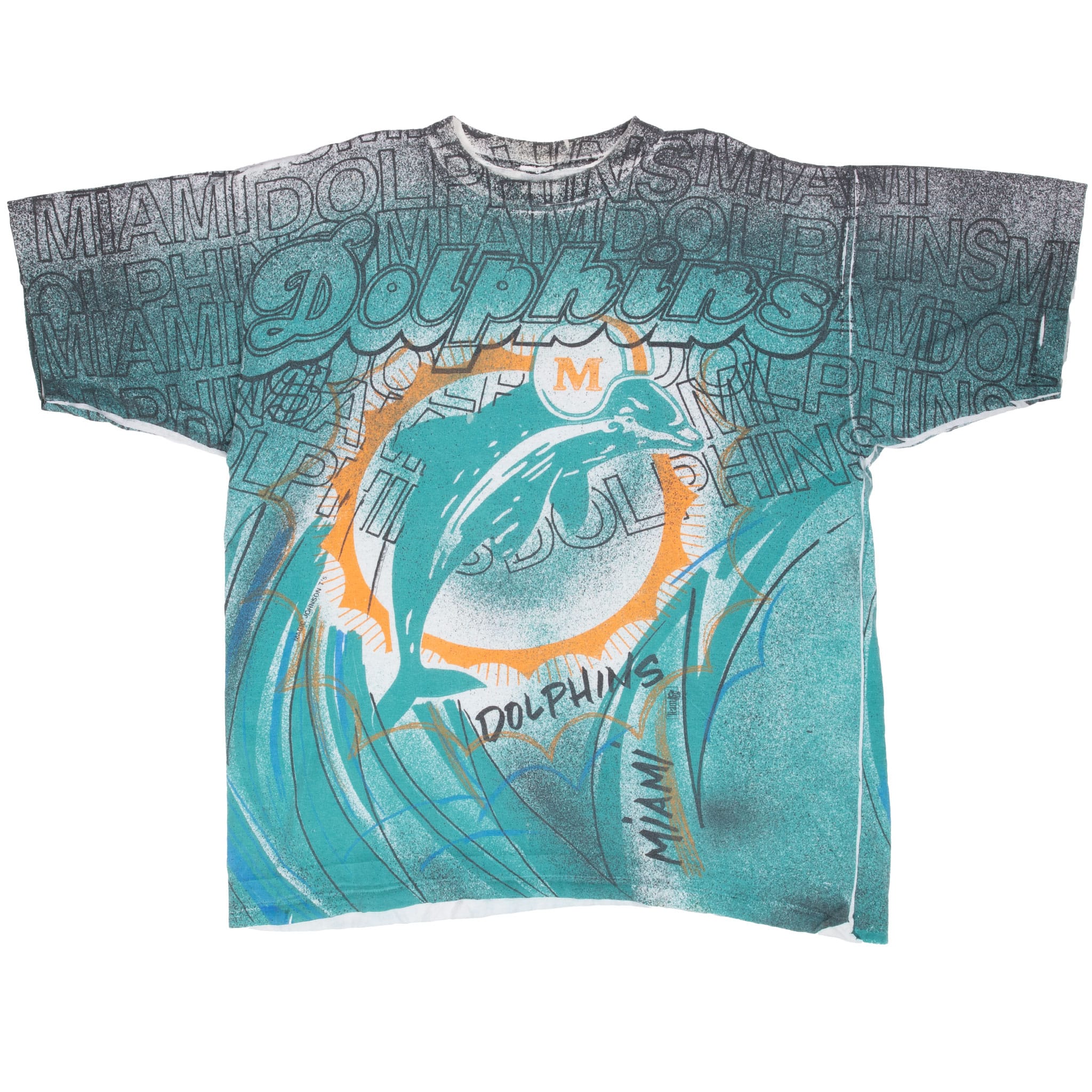 Front of Miami Dolphins all-over print T-shirt in aqua, orange, white and black