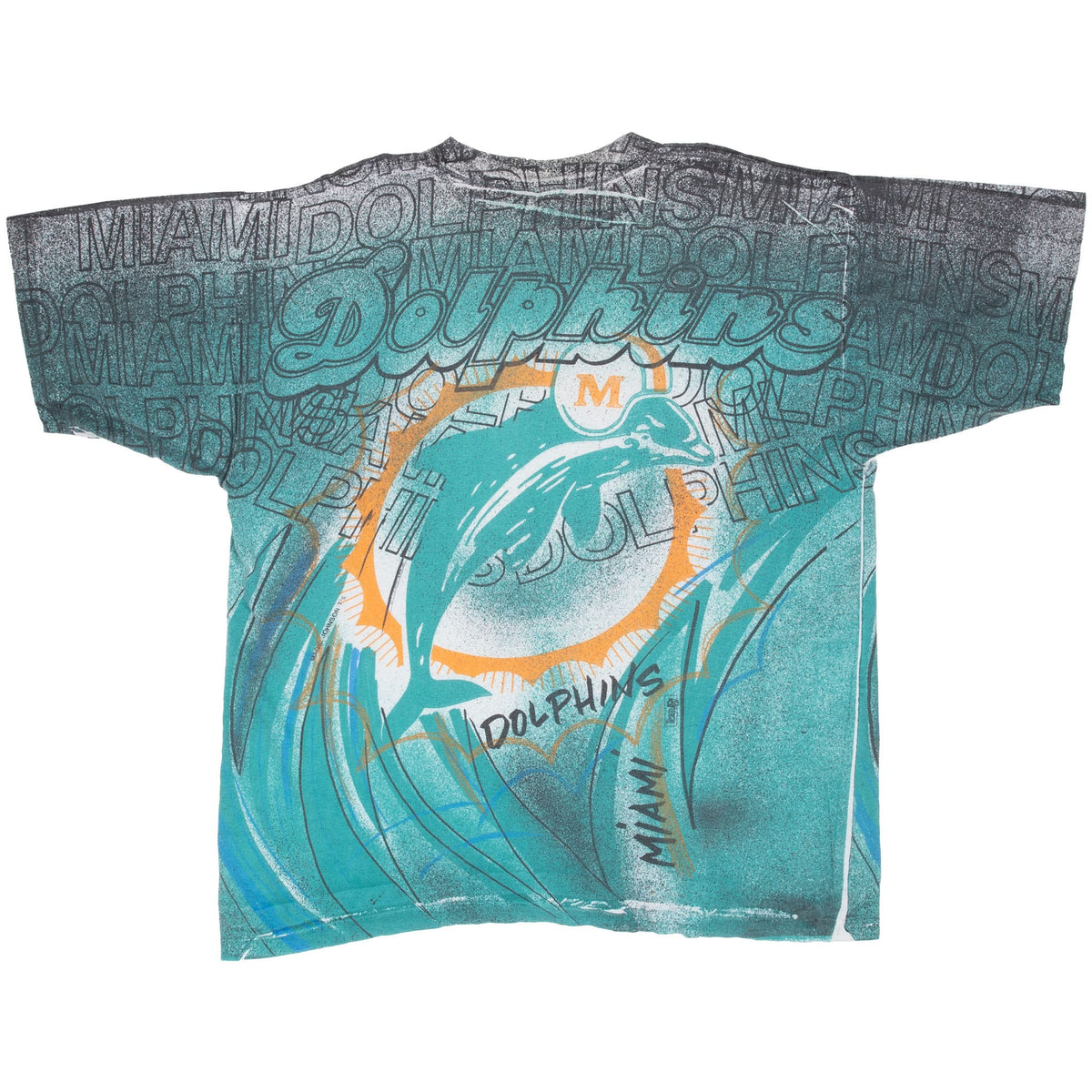 Back of Miami Dolphins all-over print T-shirt with large dolphin-and-sun logo