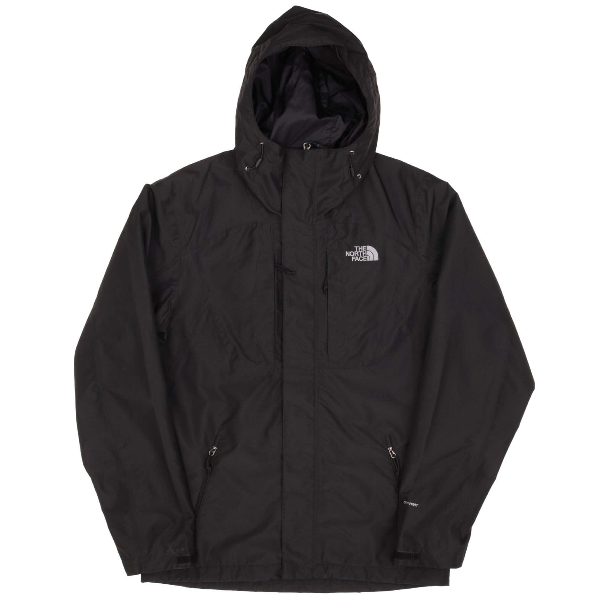 Full front view of black The North Face DryVent hooded jacket
