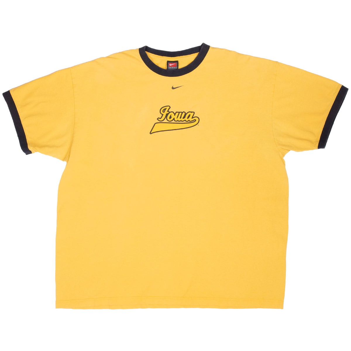 Front of yellow Nike Iowa ringer T-shirt with black neck and sleeve trim