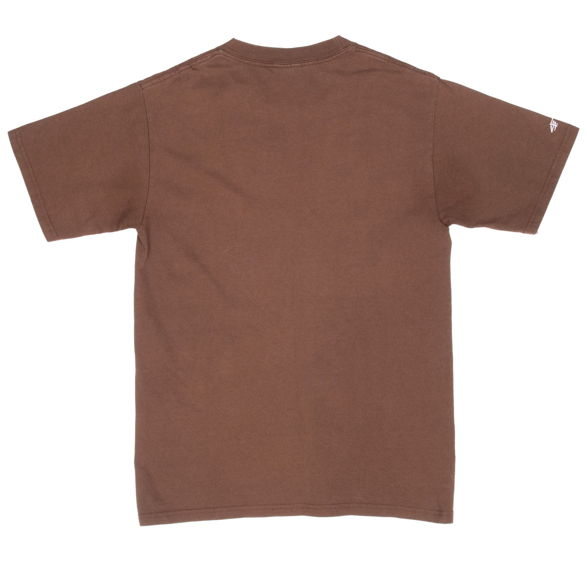 Back of brown Stussy short-sleeve T-shirt with small white sleeve graphic