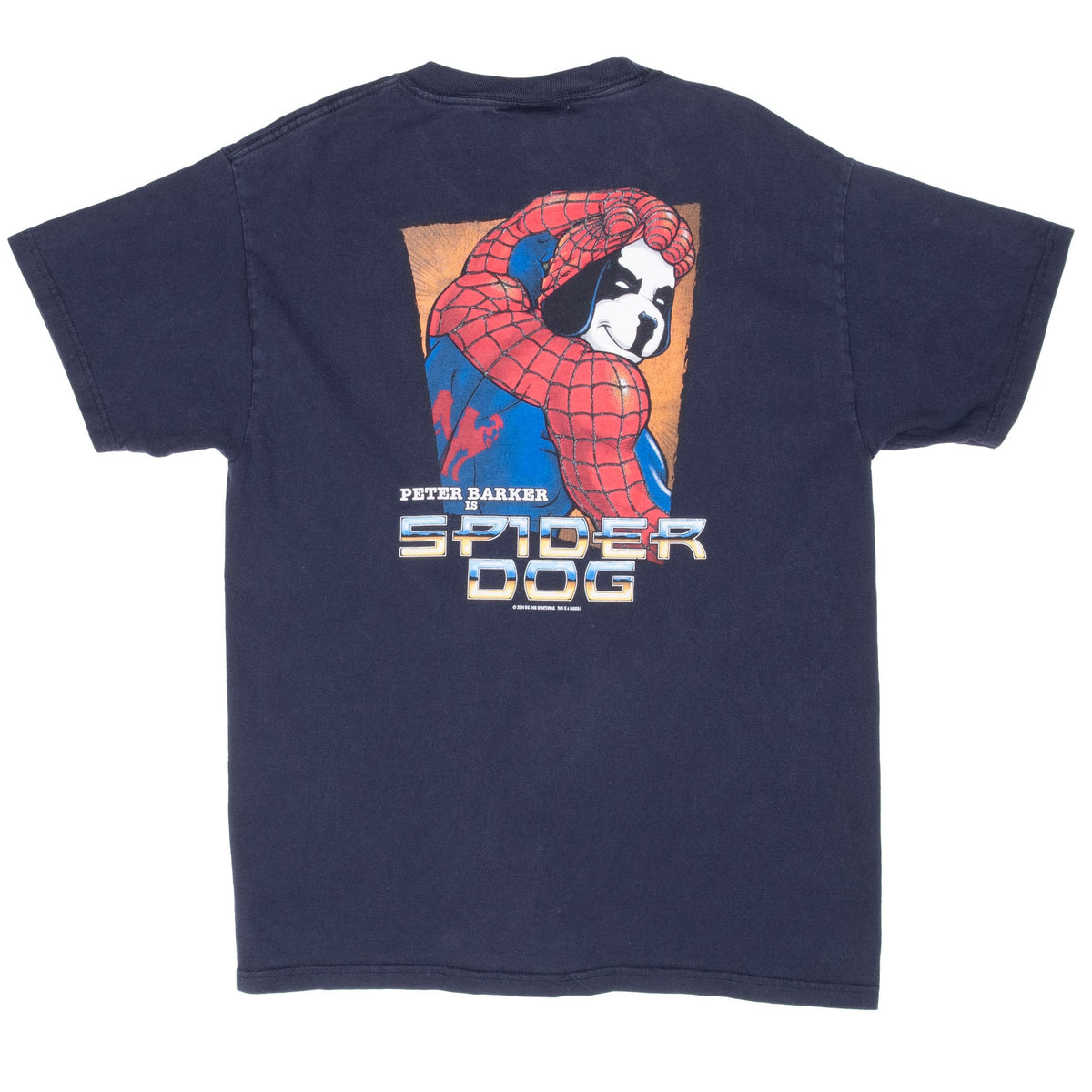 Full back of navy T-shirt with red-and-blue Peter Barker Spider Dog print
