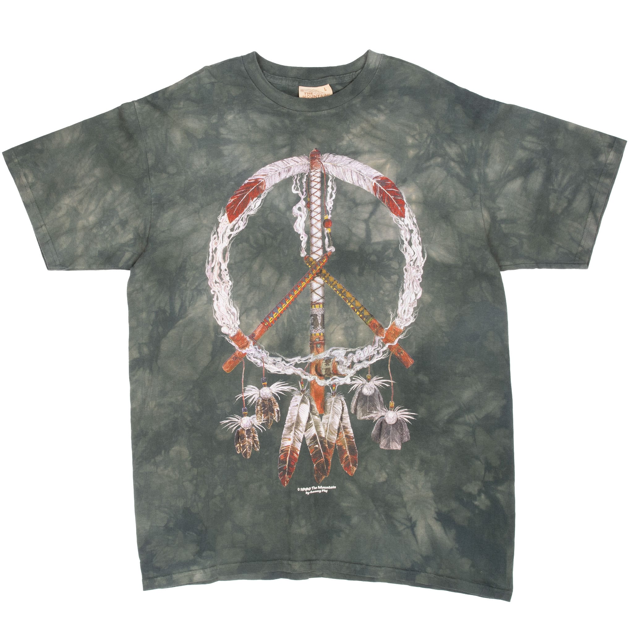 Full front of dark green patterned The Mountain T-shirt with dream catcher peace graphic
