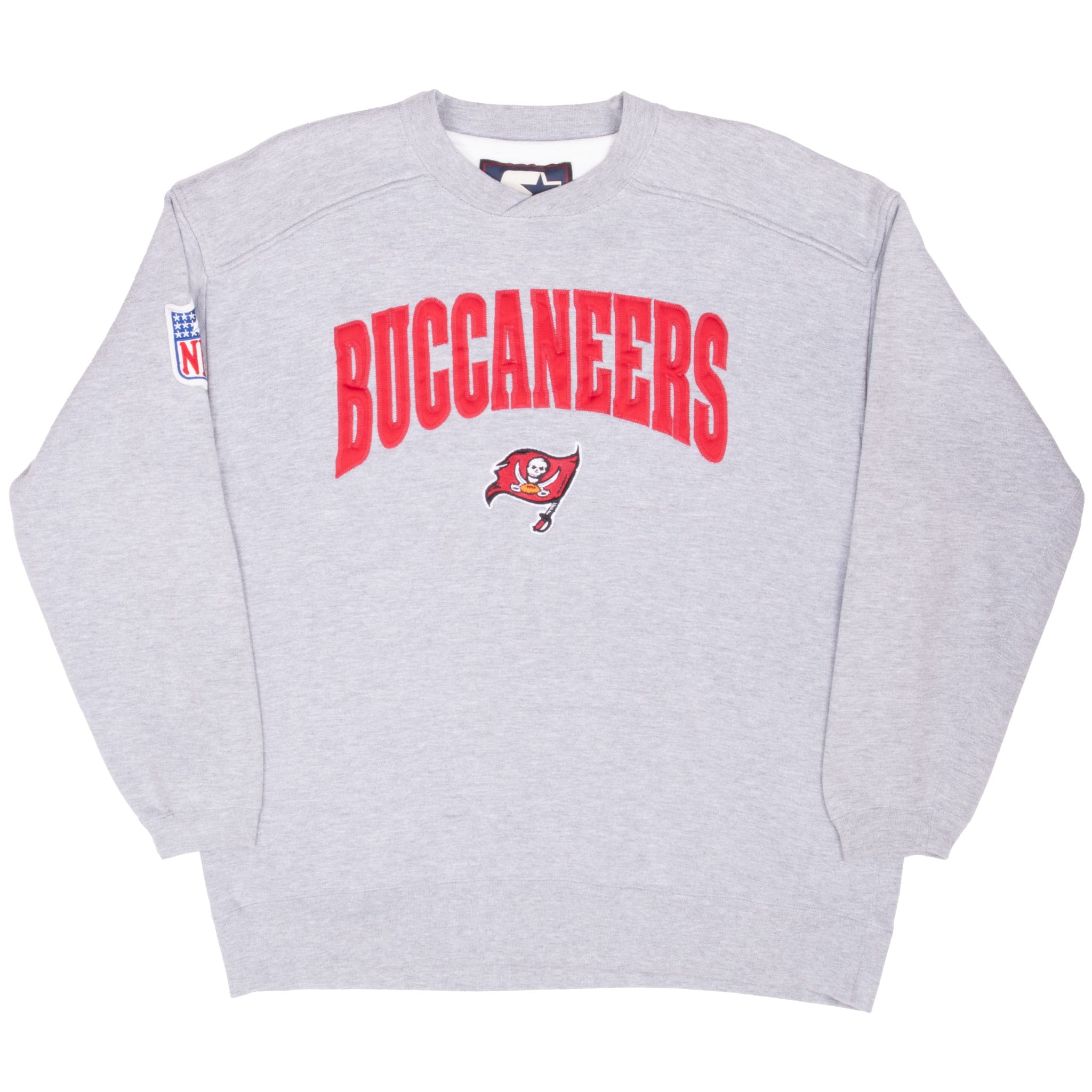 Full front view of gray Tampa Bay Buccaneers crewneck sweatshirt with NFL sleeve patch