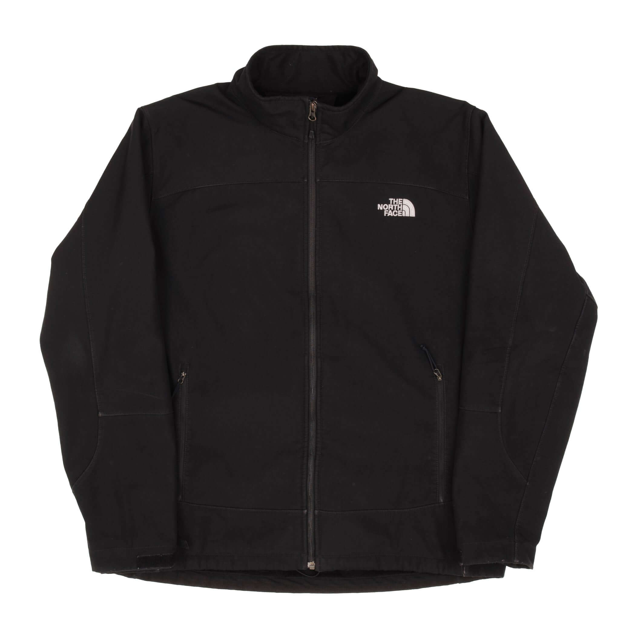 Front of black The North Face fleece jacket with stand collar and zippered pockets