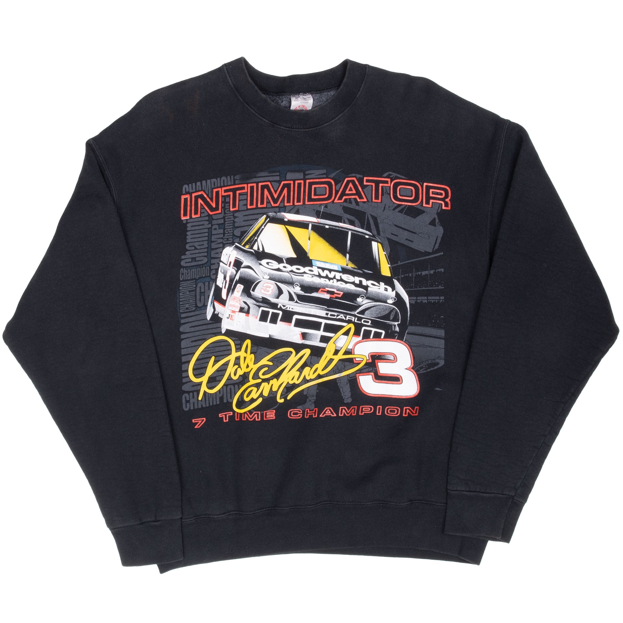 Full front view of black Dale Earnhardt 7 Time Champion crewneck sweatshirt