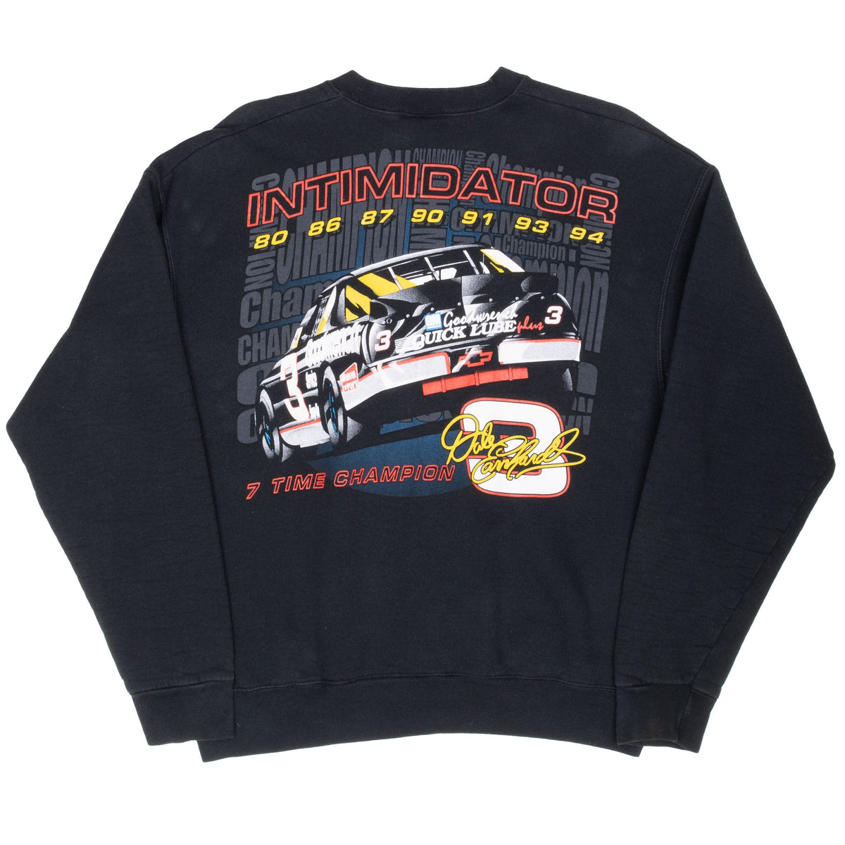Back of black Dale Earnhardt sweatshirt with No. 3 car and seven championship years