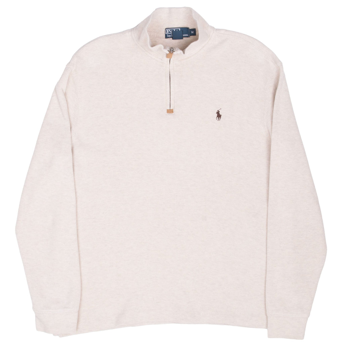 Full front view of beige Polo Ralph Lauren quarter-zip sweater with ribbed cuffs and hem