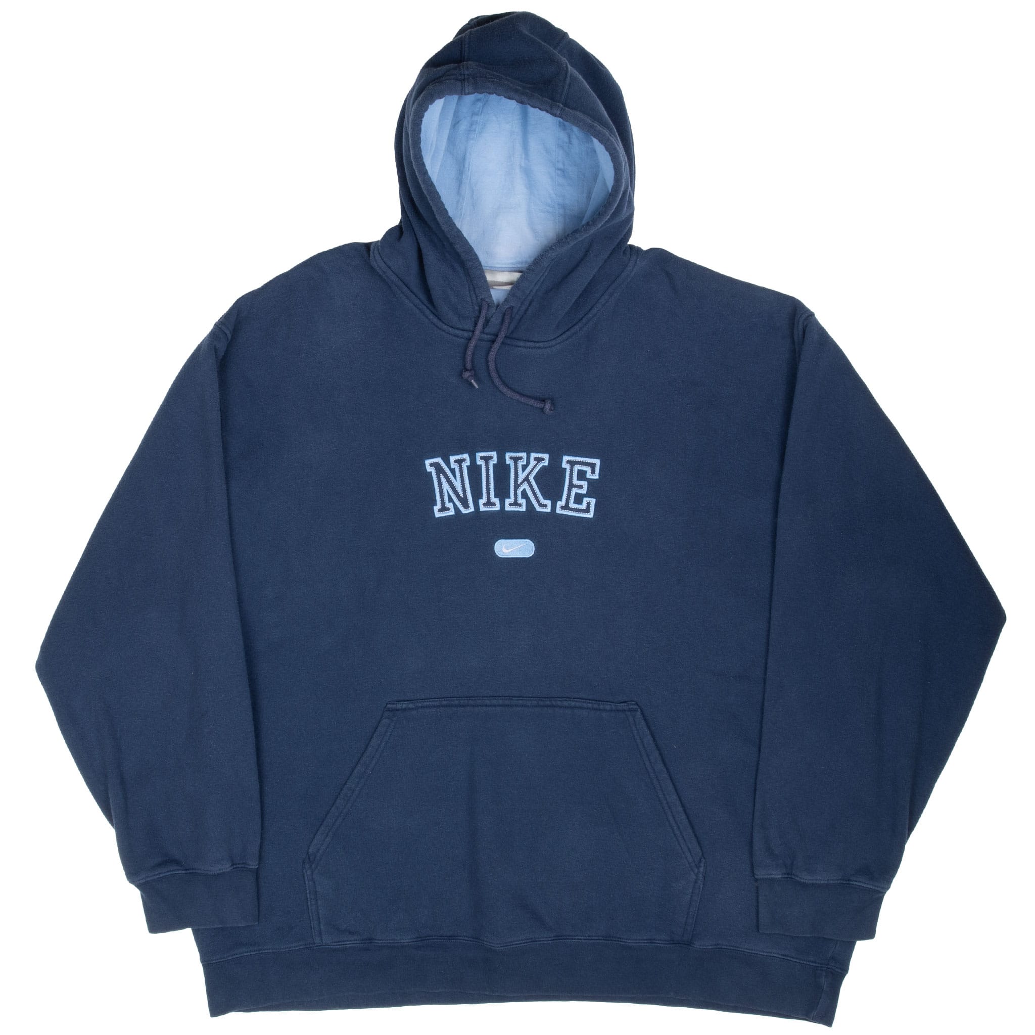 Full front view of navy Nike hoodie with drawstring hood, chest logo and kangaroo pocket