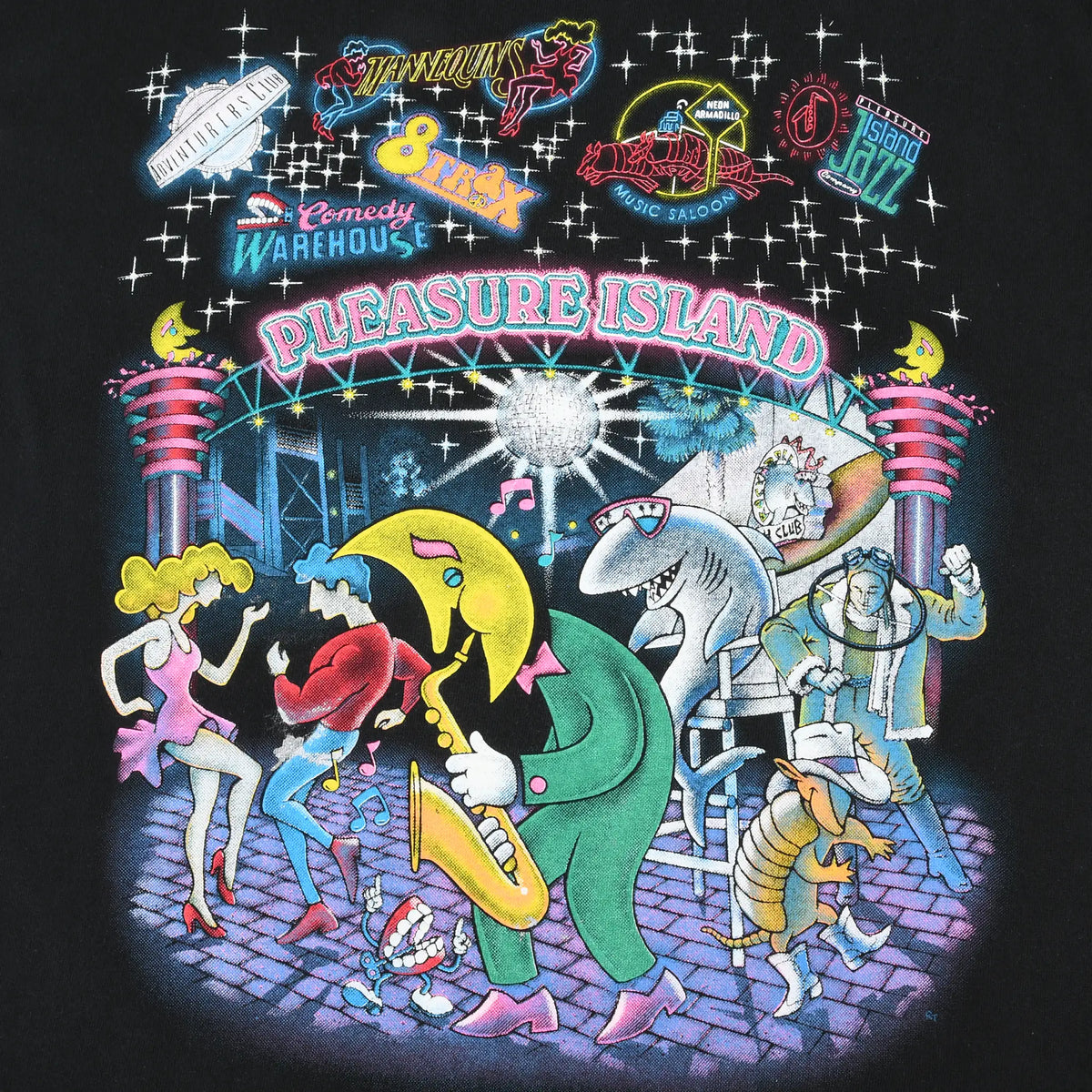 Close-up of colorful Disney Pleasure Island nightlife character graphic on black fabric