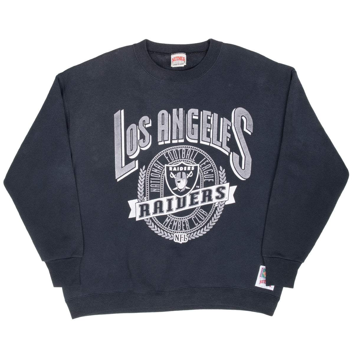 Full front view of black Los Angeles Raiders sweatshirt with ribbed cuffs and hem