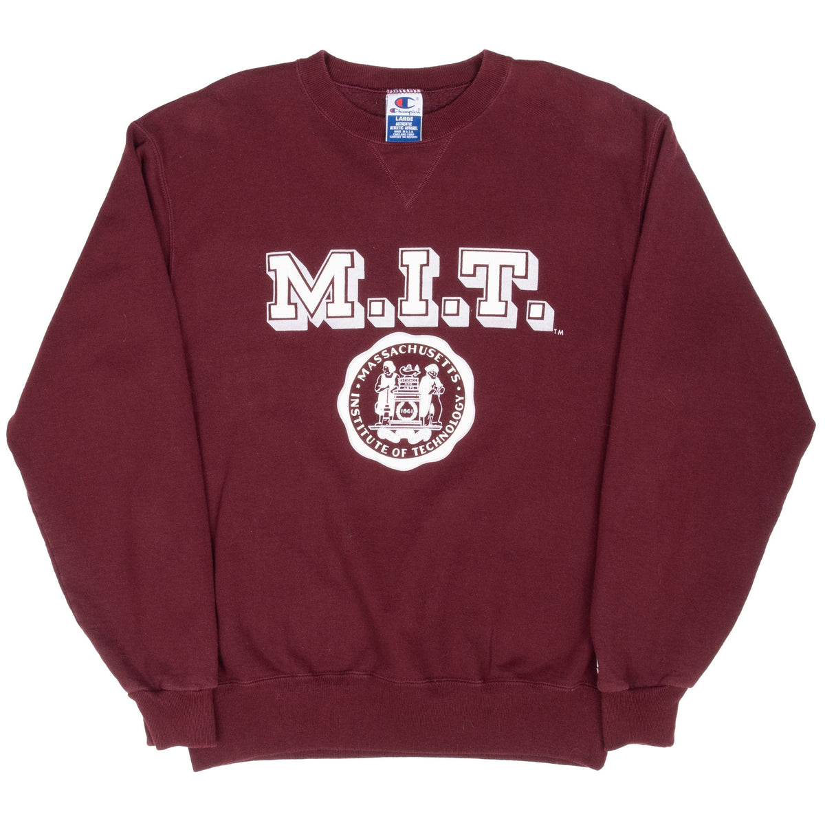 Full front view of burgundy Champion MIT sweatshirt with white lettering and crest graphic