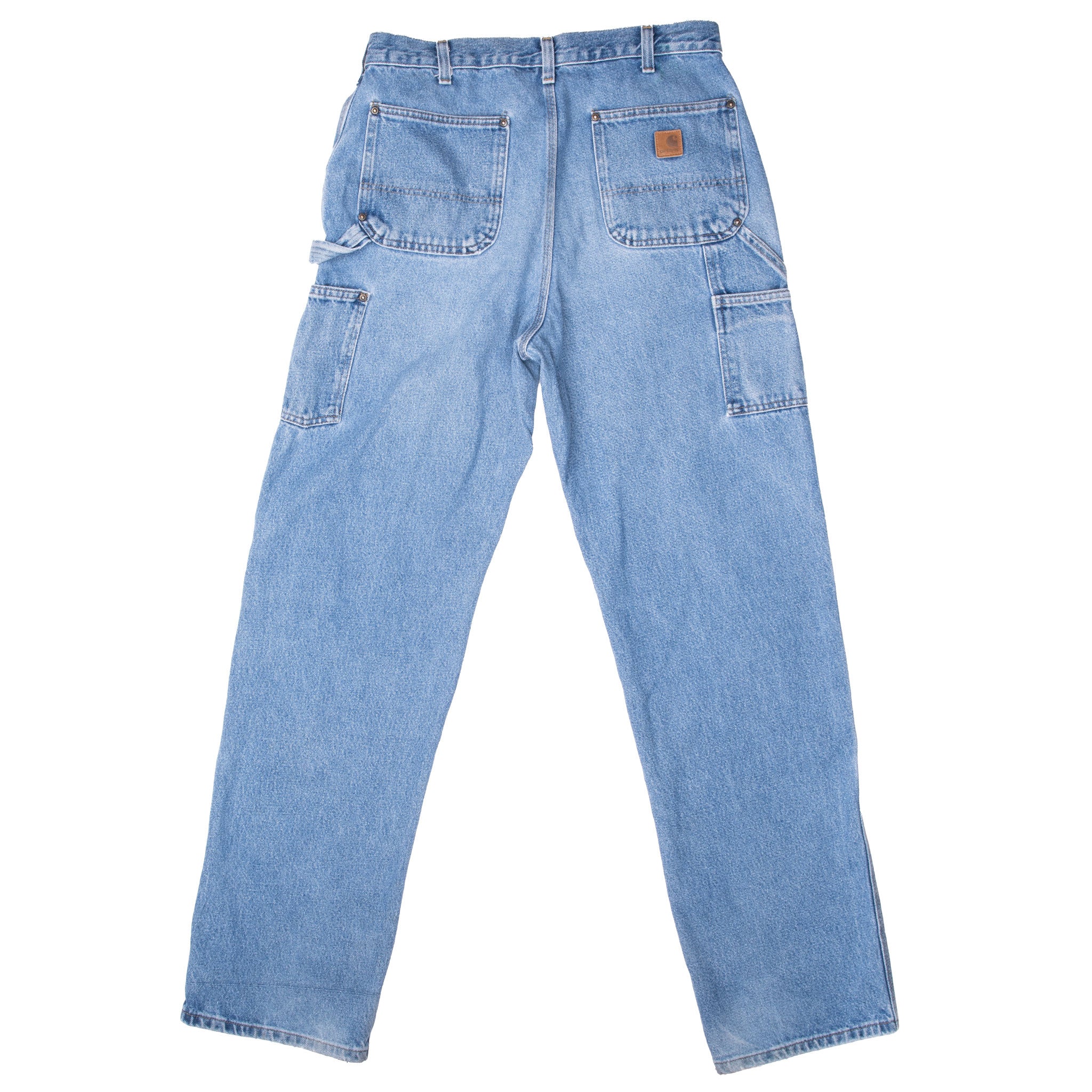 Vintage Carhartt Double Knee Carpenter Blue Jeans Leather Patch B73DST Size 34X35
Size On Tag 34X36 actual size 34X35 