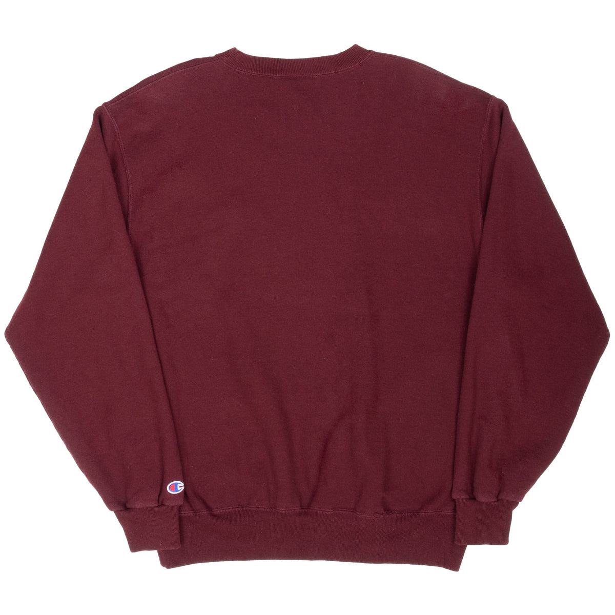Back of burgundy Champion MIT crewneck sweatshirt with plain design and cuff logo patch