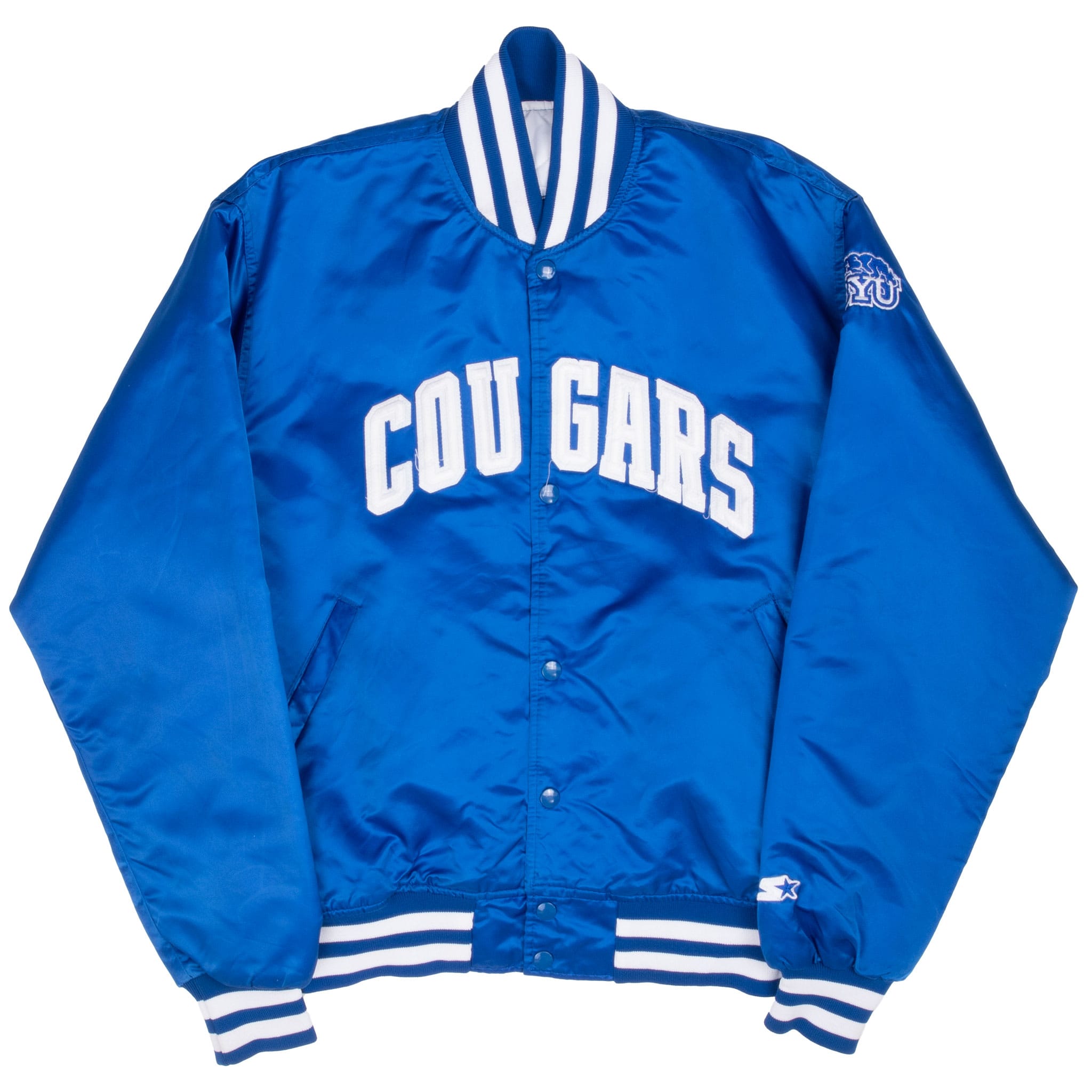 Full front of blue BYU Cougars Starter jacket with striped rib-knit trim and angled pockets