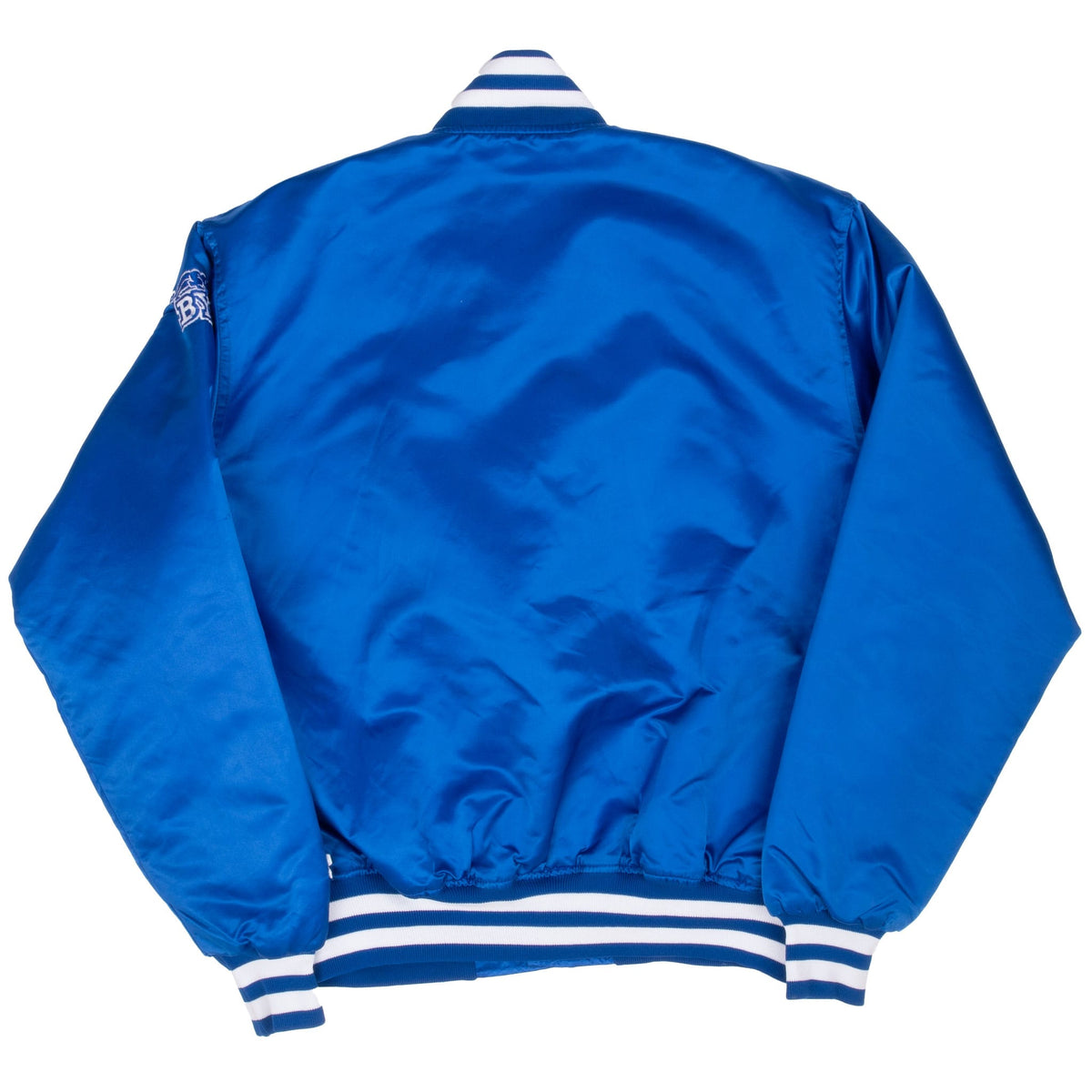 Back of blue BYU Cougars Starter satin bomber jacket with striped collar, cuffs, and hem
