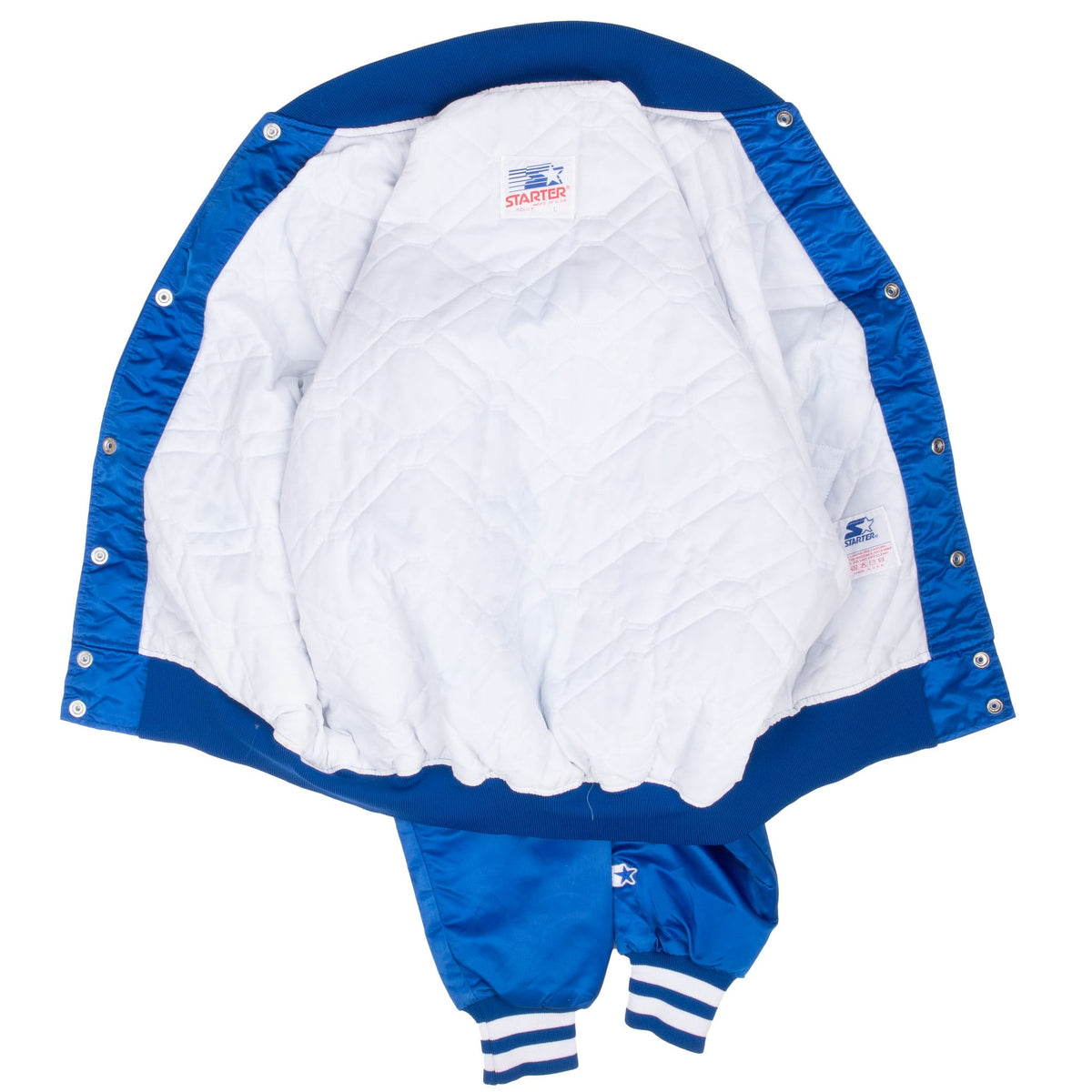 Open BYU Starter jacket showing white quilted lining, labels, and snap-front interior