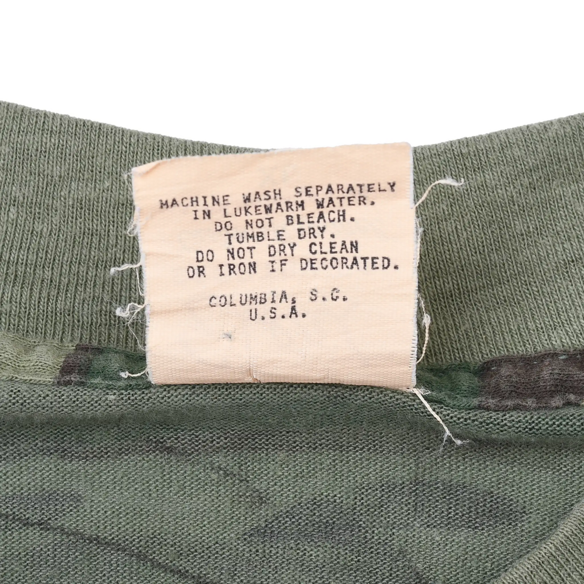 Care label with washing instructions and Columbia, S.C., U.S.A. text