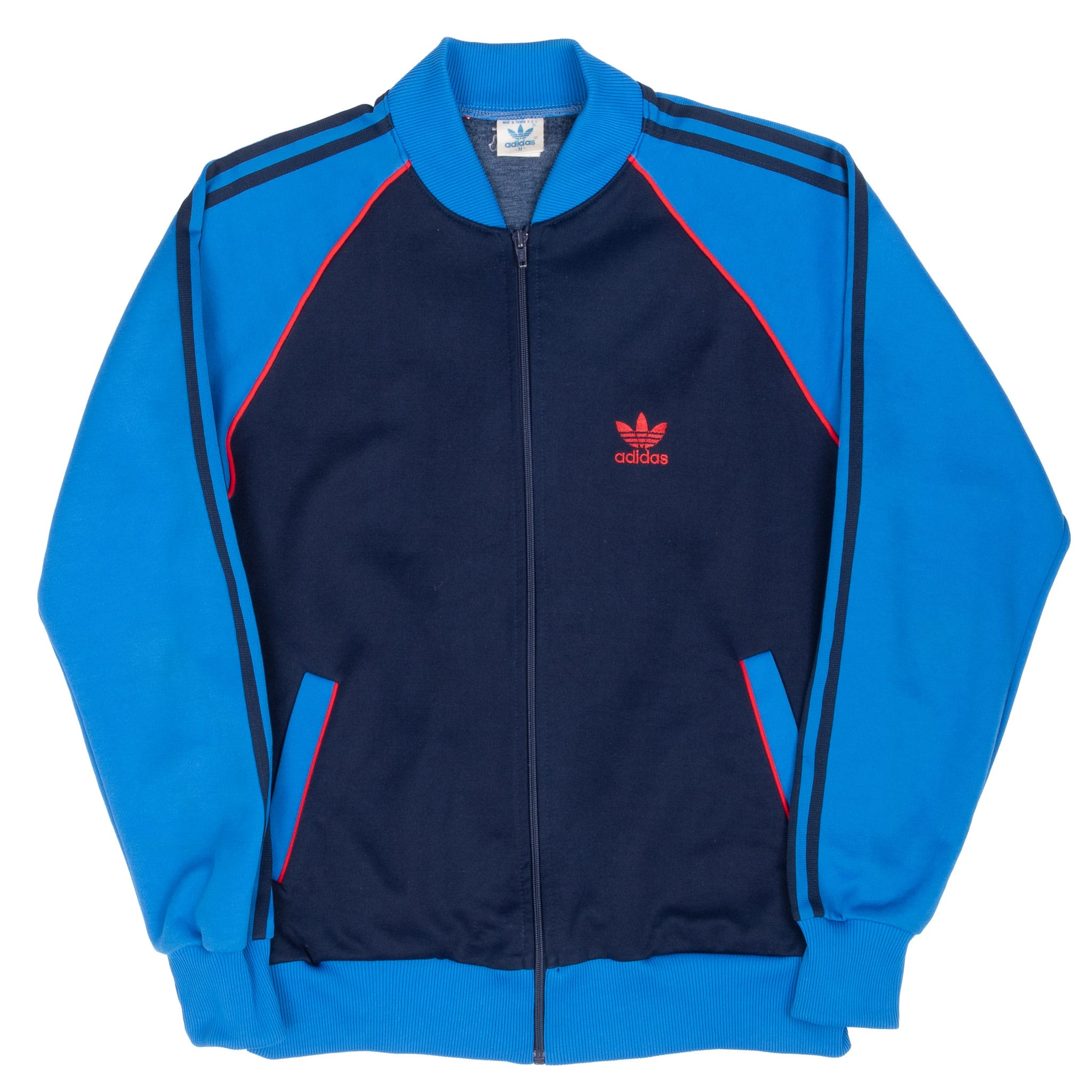 Full front view of adidas blue track jacket with zip closure, 3-Stripes, and angled pockets