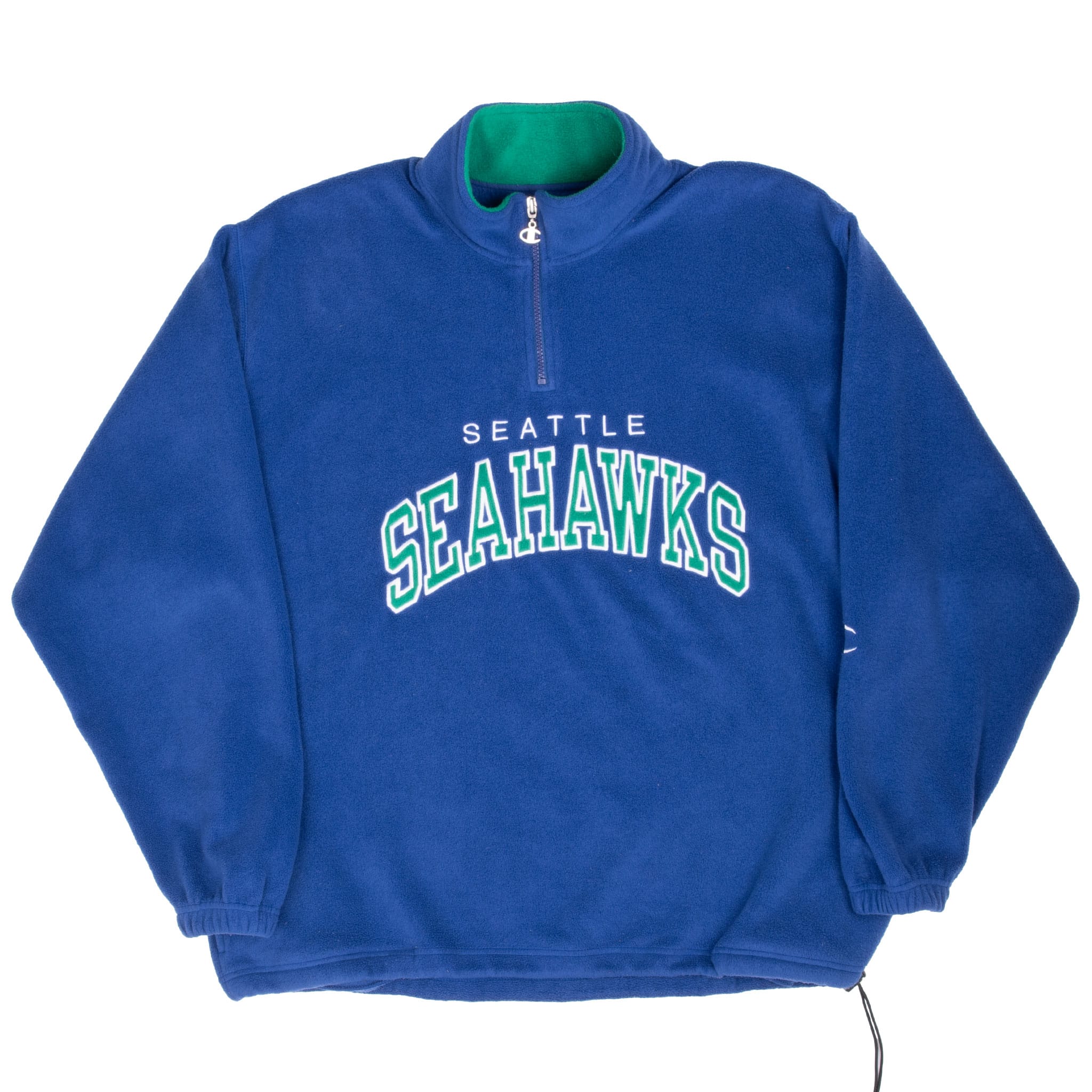 Full front of blue Seattle Seahawks quarter-zip fleece with elastic cuffs and hem drawcord