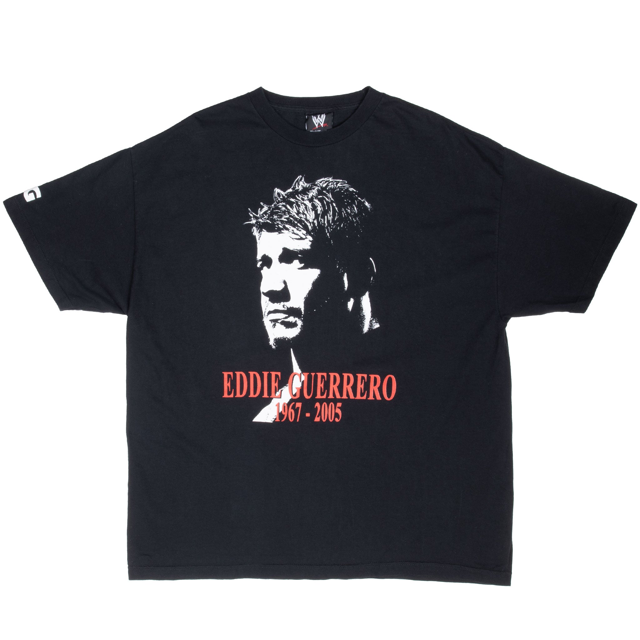 Full front view of black WWE Eddie Guerrero memorial T-shirt with portrait graphic