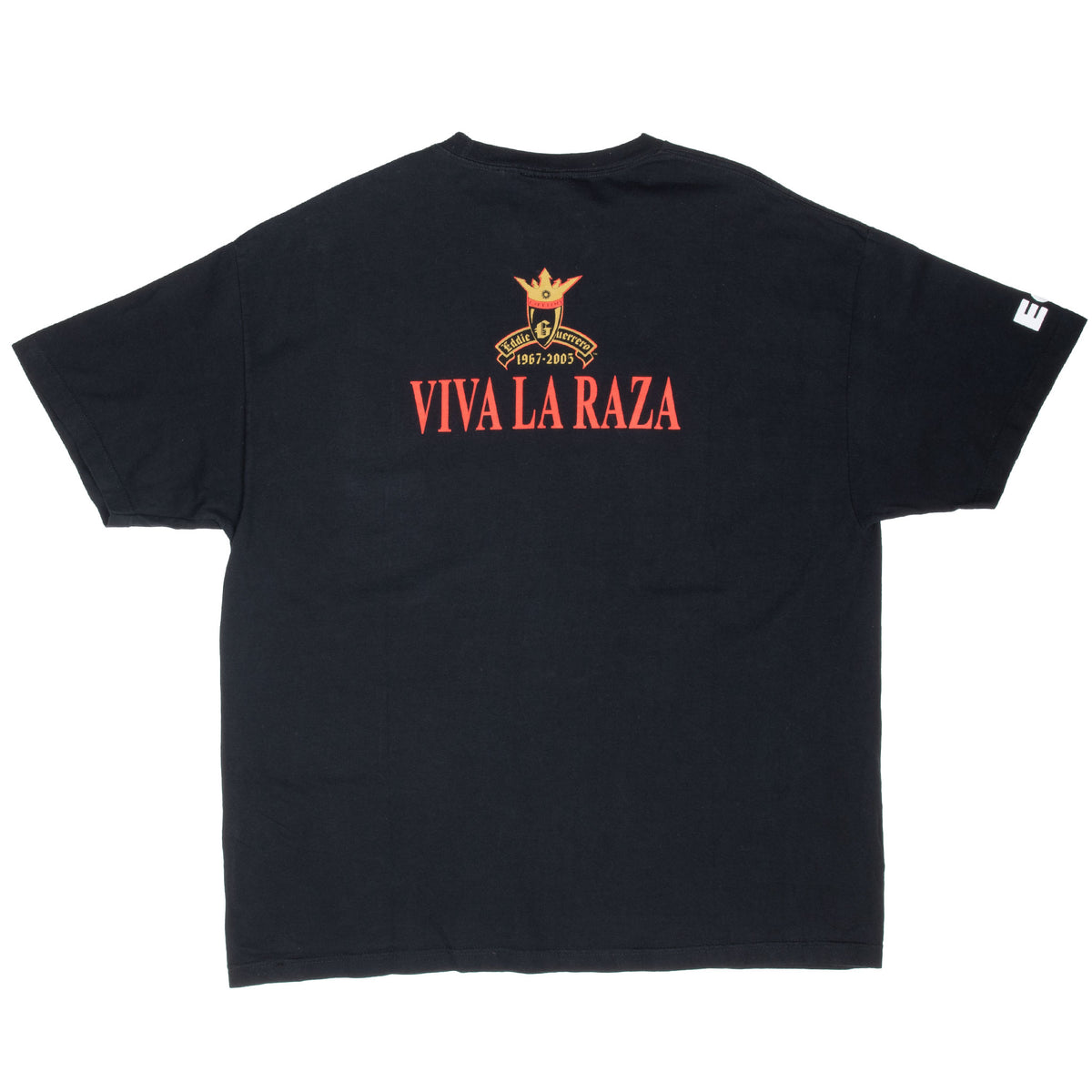 Back of black Eddie Guerrero T-shirt with crest and red Viva La Raza text