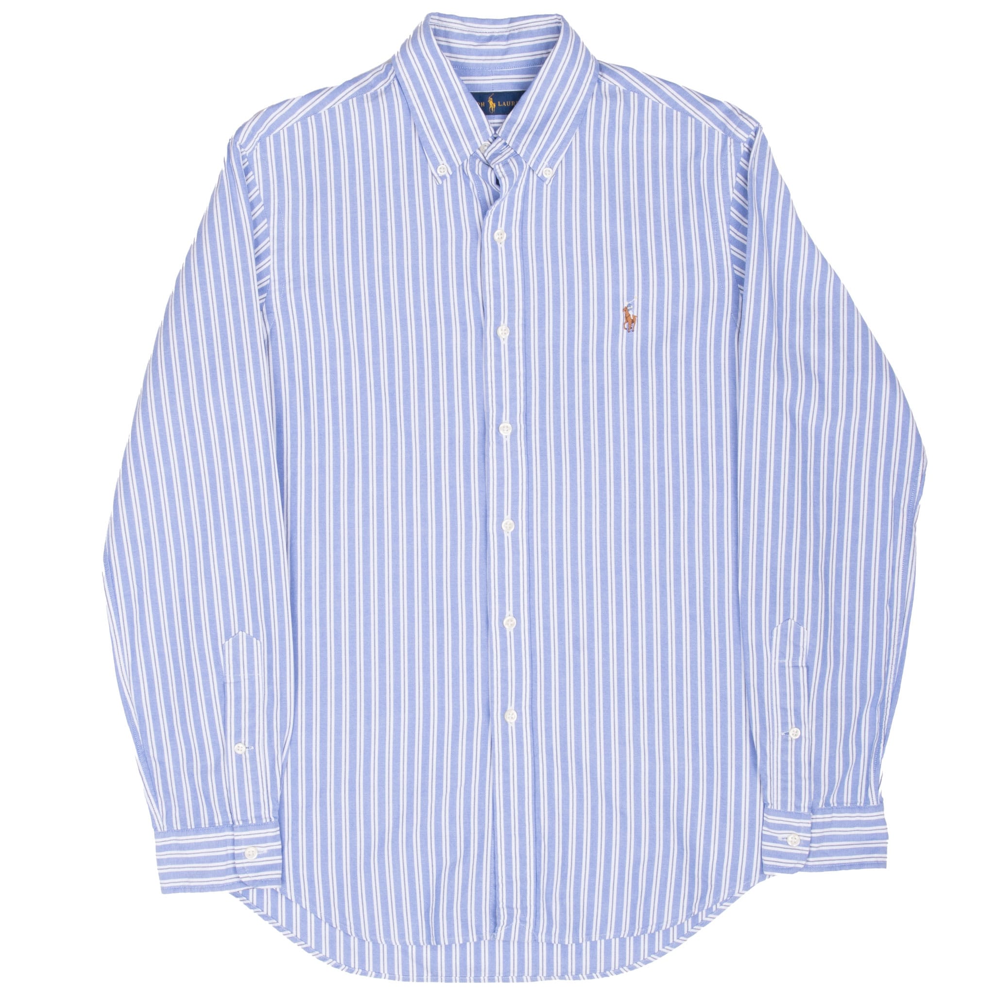 Full front view of Polo Ralph Lauren blue striped shirt with curved hem