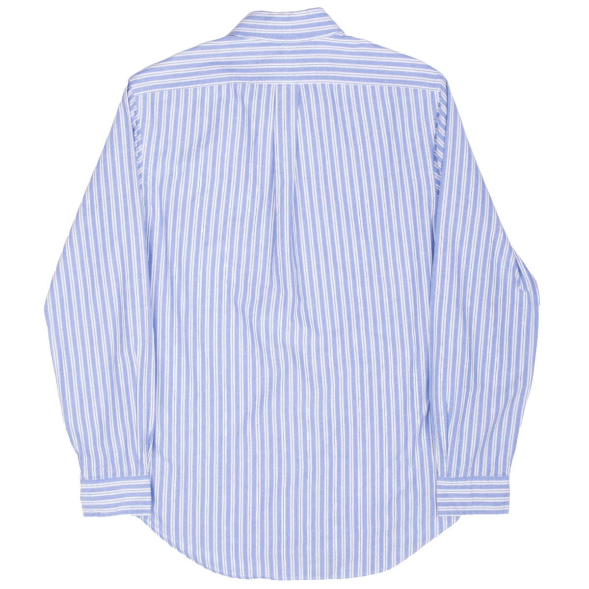 Back of Polo Ralph Lauren blue striped shirt with box pleat and horizontal-striped yoke