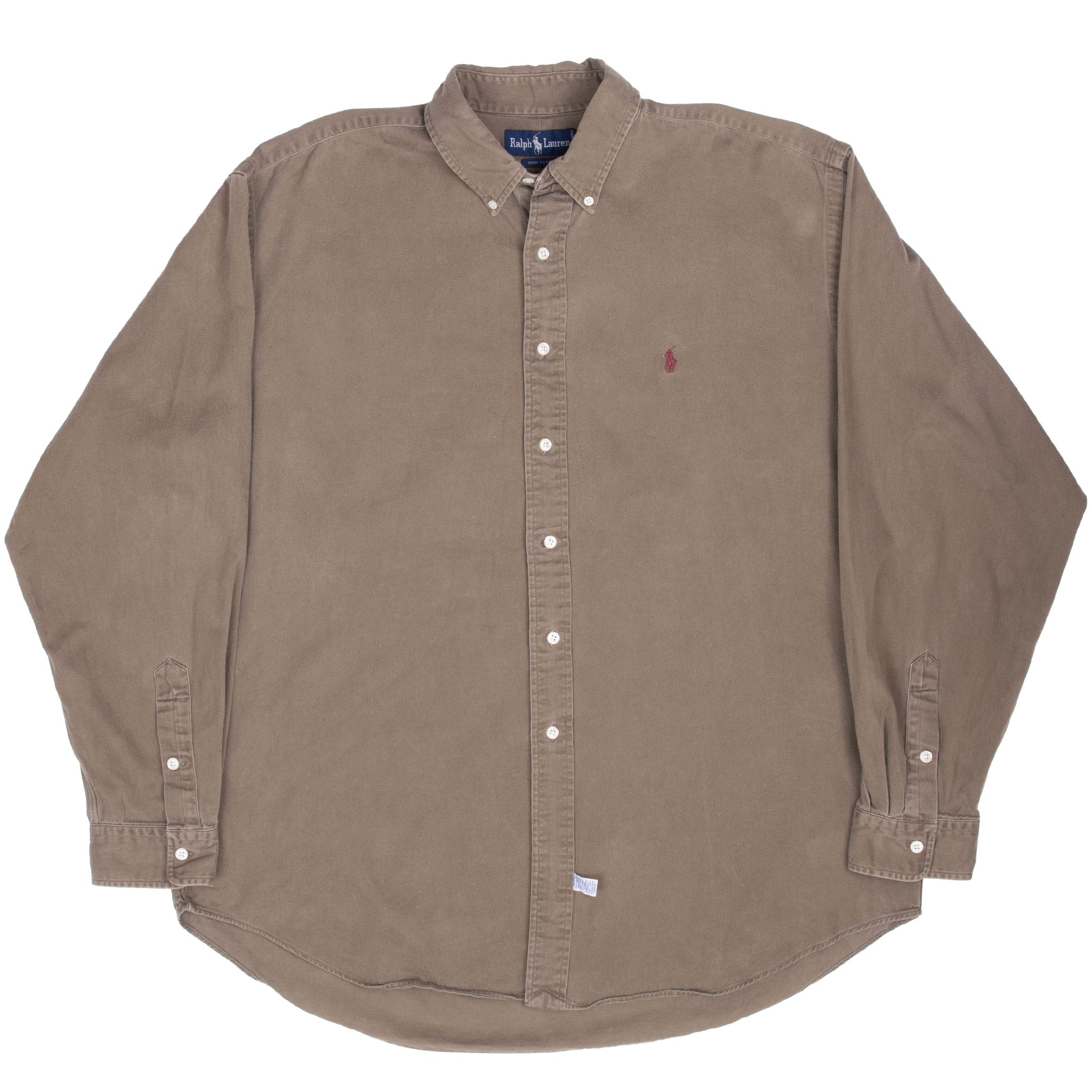 Full front view of khaki brown Ralph Lauren button-down shirt with curved hem