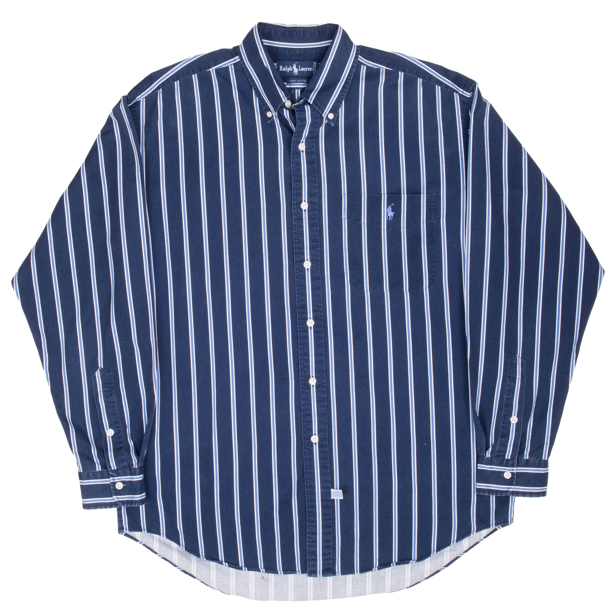 Full front view of Polo Ralph Lauren navy blue striped button-down shirt