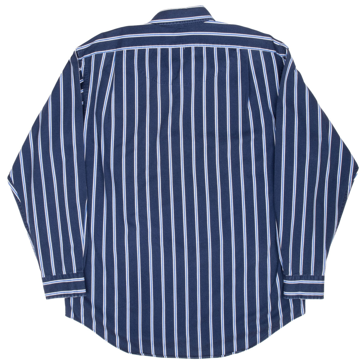 Back of Polo Ralph Lauren navy blue striped shirt with yoke and center box pleat