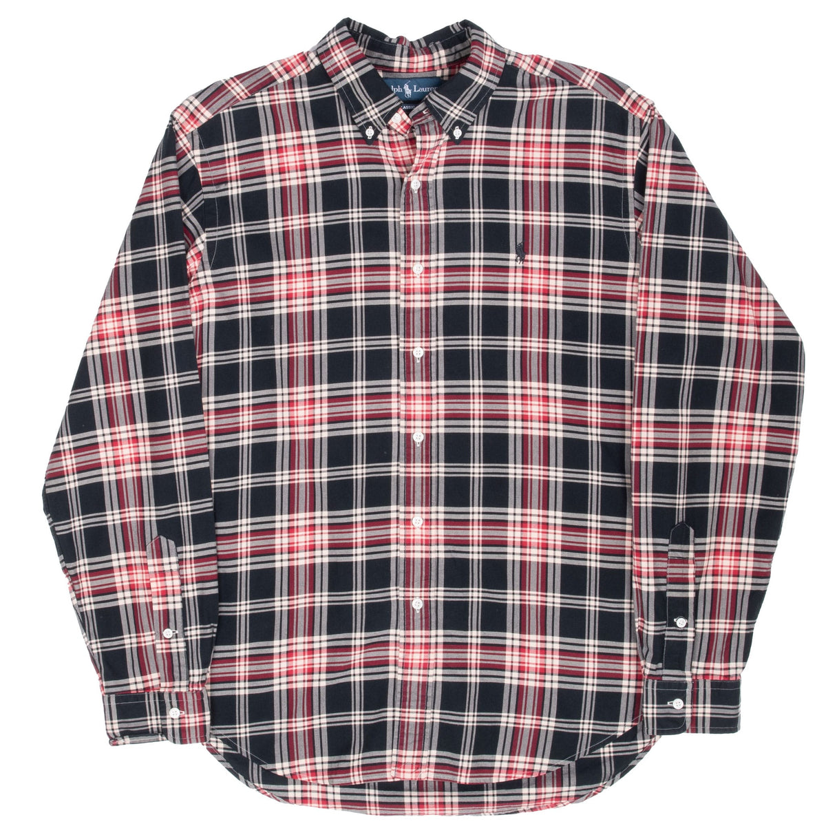 Full front view of Ralph Lauren plaid shirt with button-down collar and curved hem