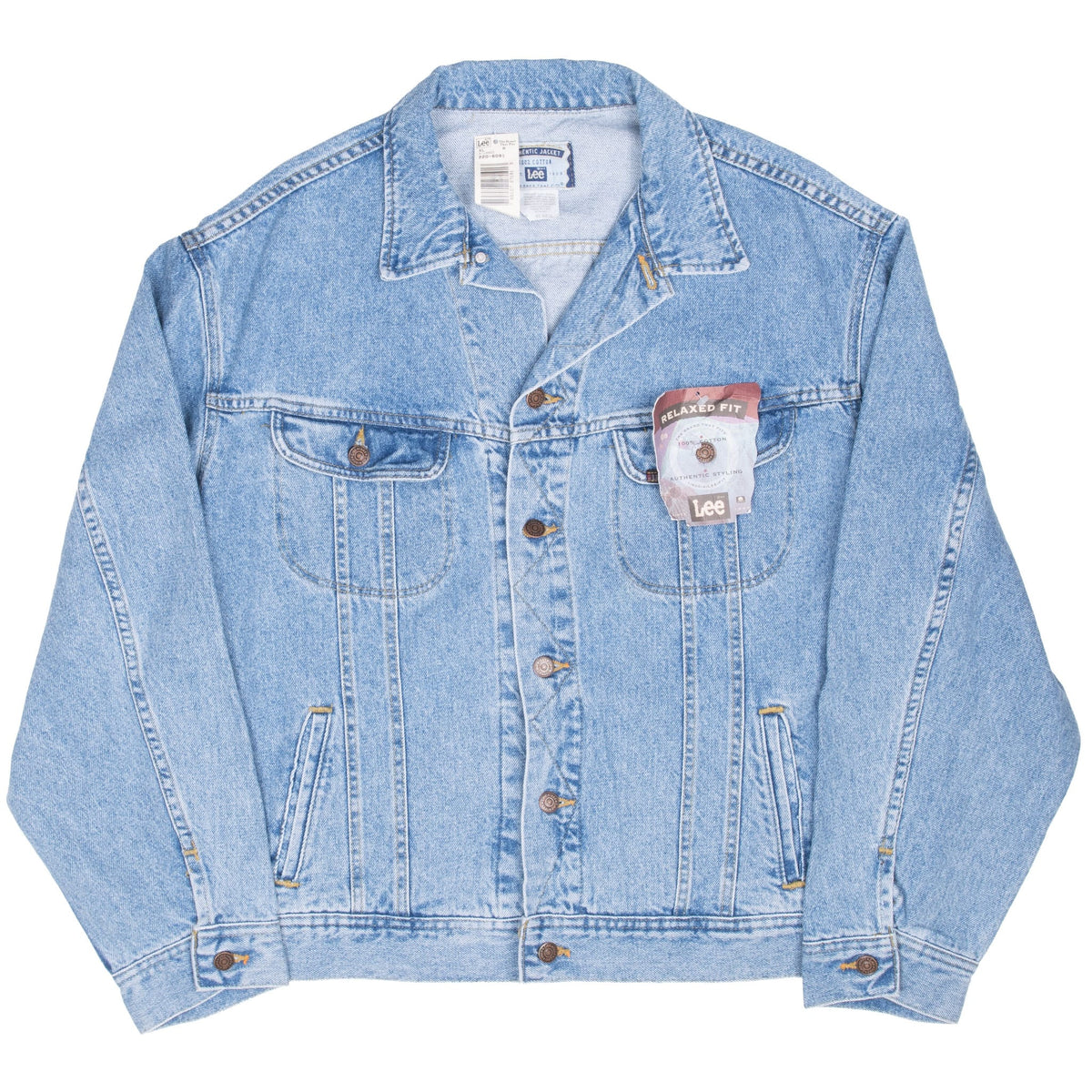 Front of Lee blue denim trucker jacket with pointed collar, four pockets and original hangtag
