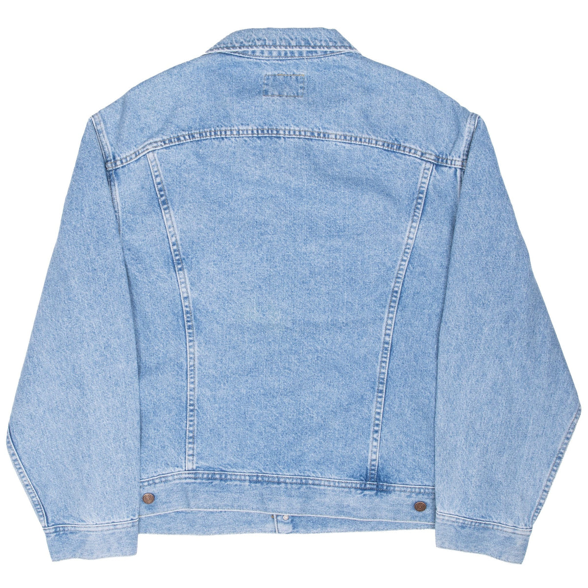Back of Lee blue denim trucker jacket with paneled seams and button tabs at hem