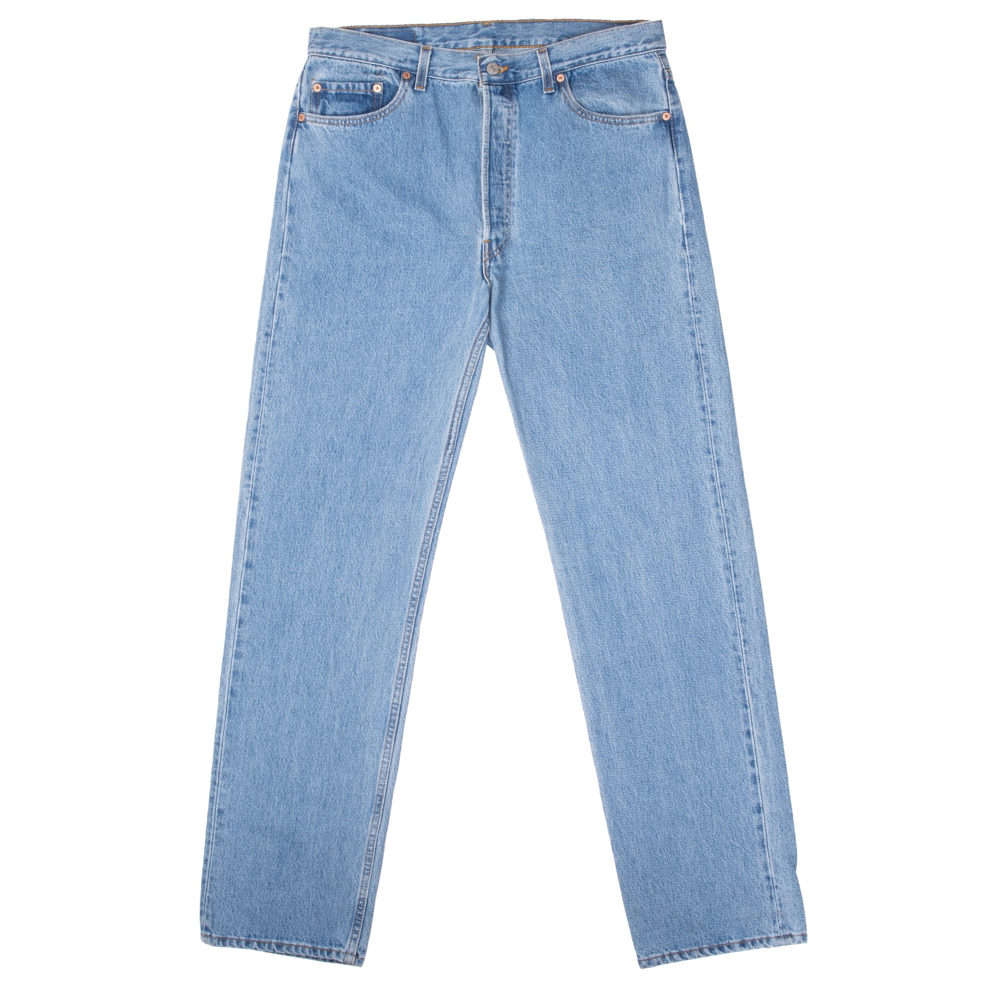 Front of Levi's 501 jeans in a medium-light blue indigo wash