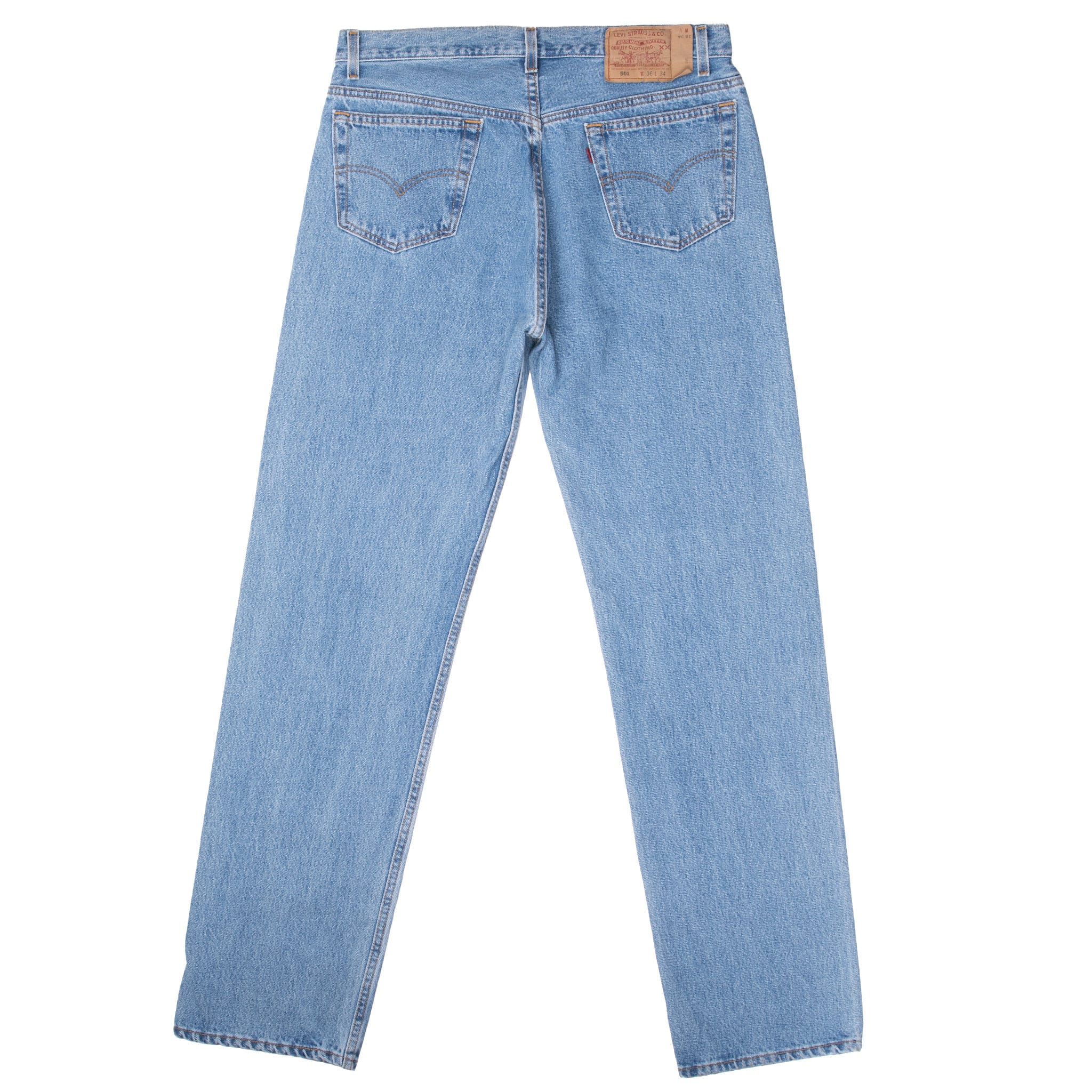 Back of Levi's 501 blue jeans with arcuate pockets, red tab and waistband patch
