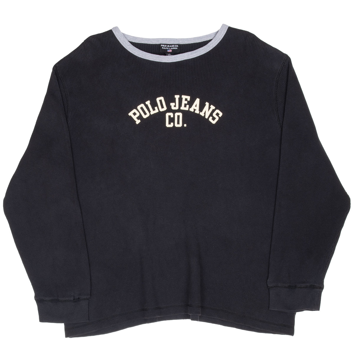 Front of black Polo Jeans Co. long-sleeve waffle shirt with gray crew neck and cream logo