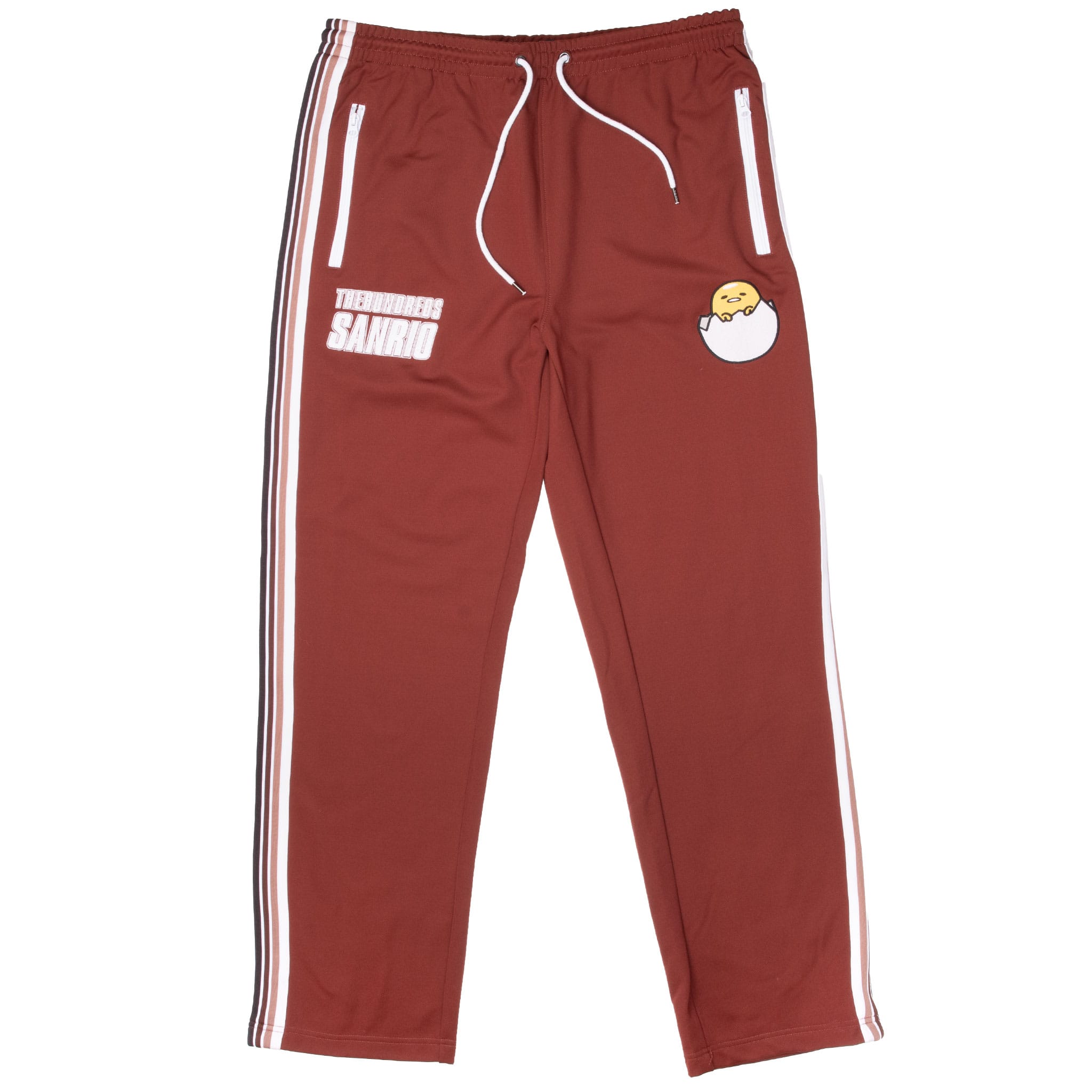 Front of burgundy The Hundreds x Sanrio jogger sweatpants with thigh graphics and striped side trim