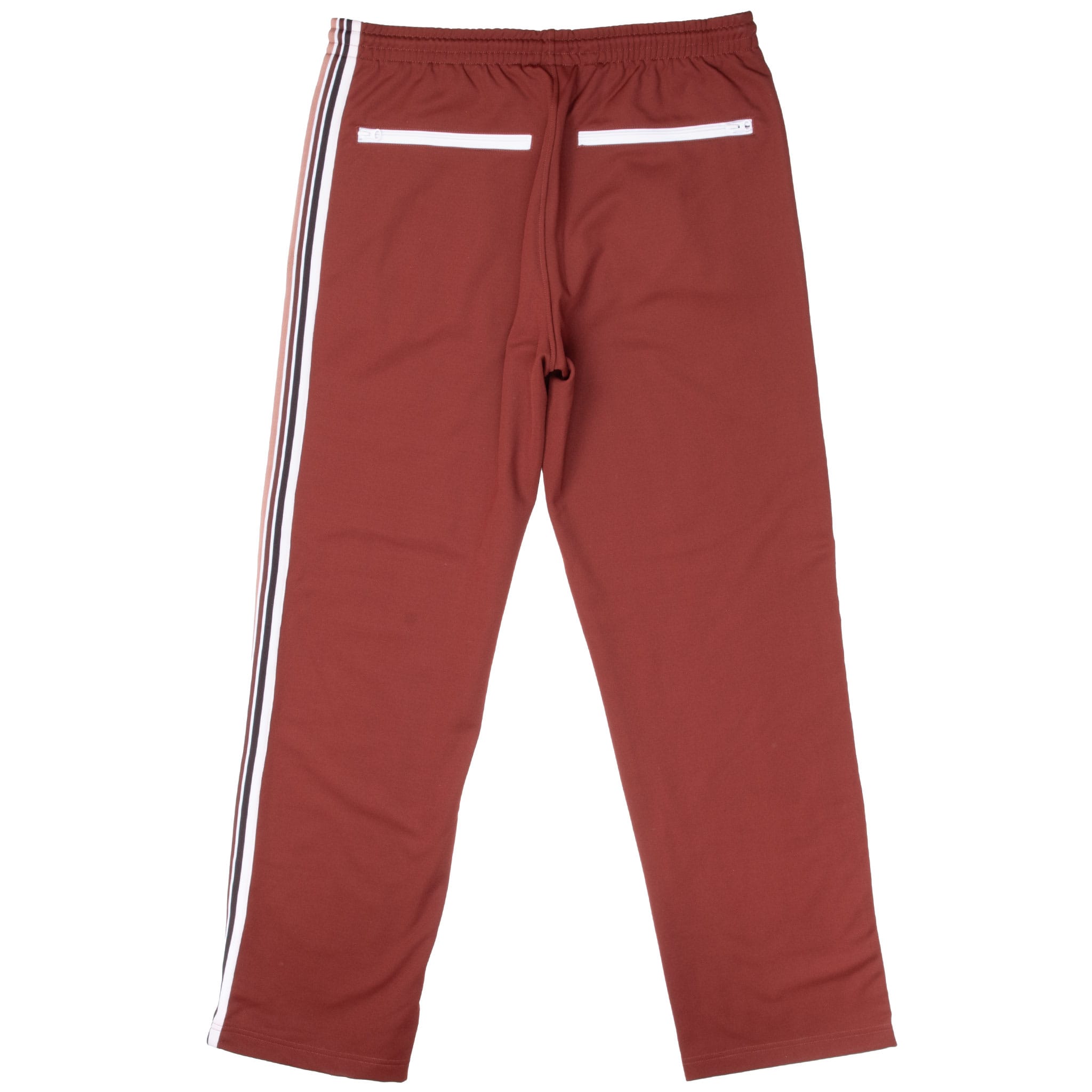 Back of burgundy The Hundreds x Sanrio jogger sweatpants with white zip pockets and striped trim