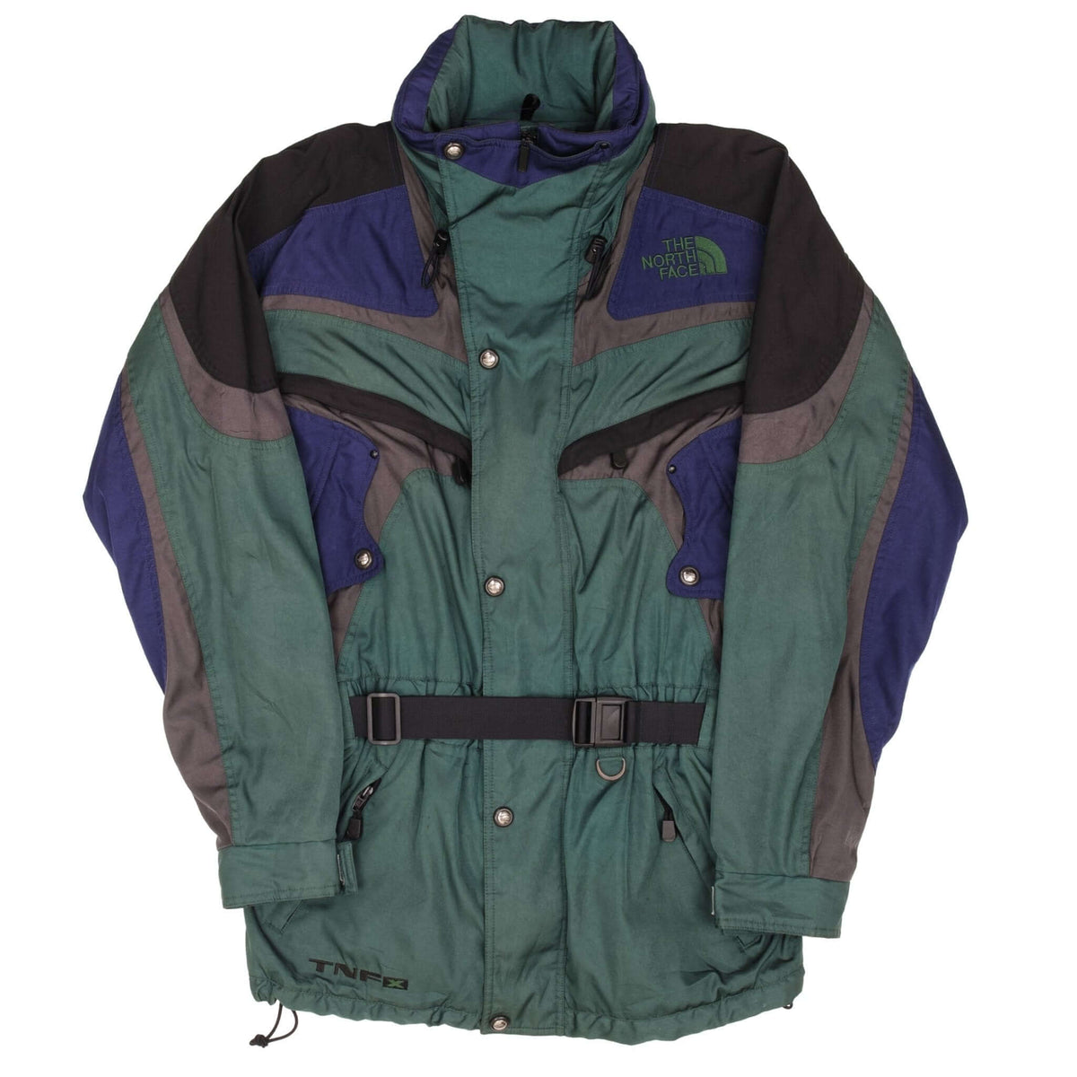 Front view of The North Face green ski jacket with waist belt and multiple pockets