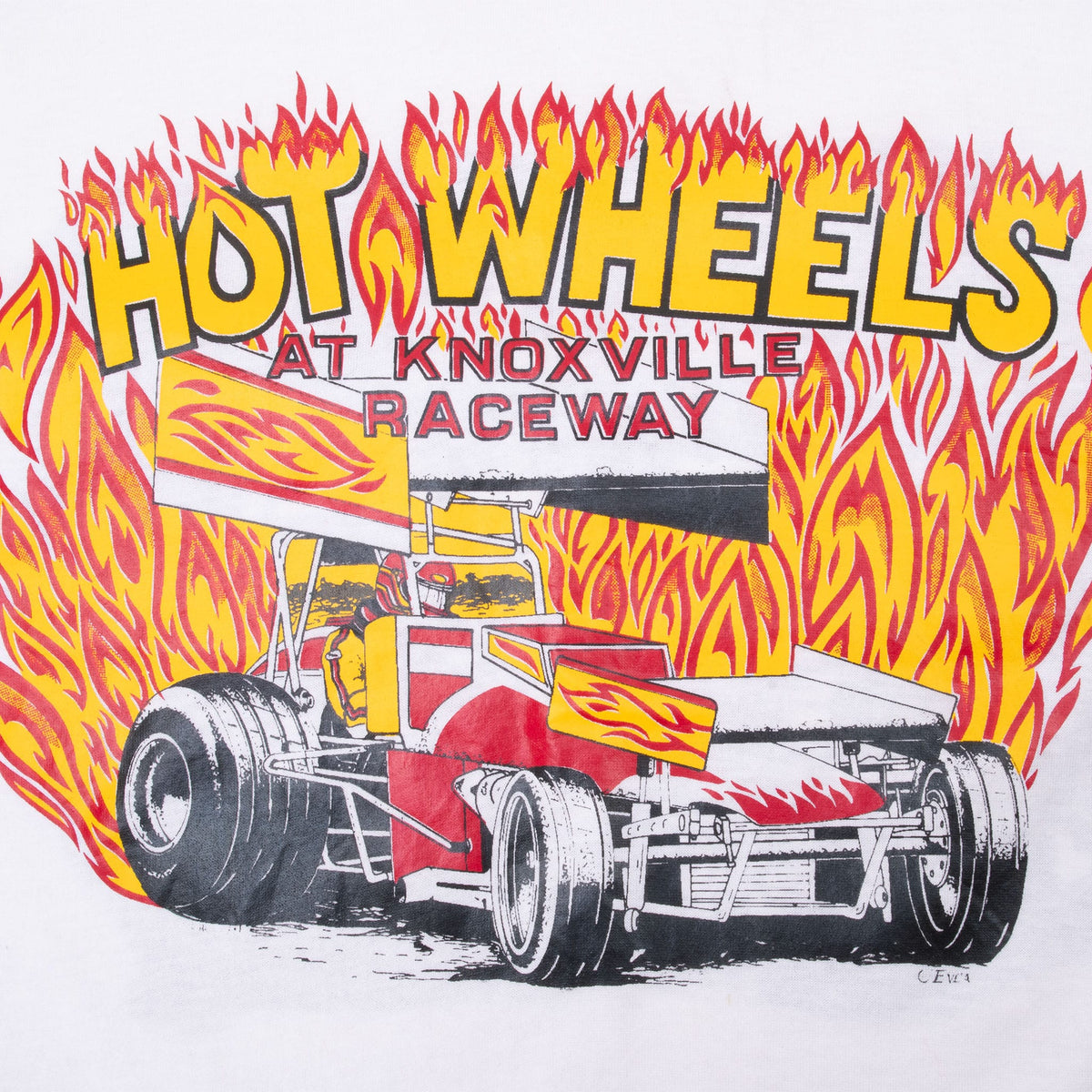 Front print detail of Hot Wheels at Knoxville Raceway sprint car surrounded by flames
