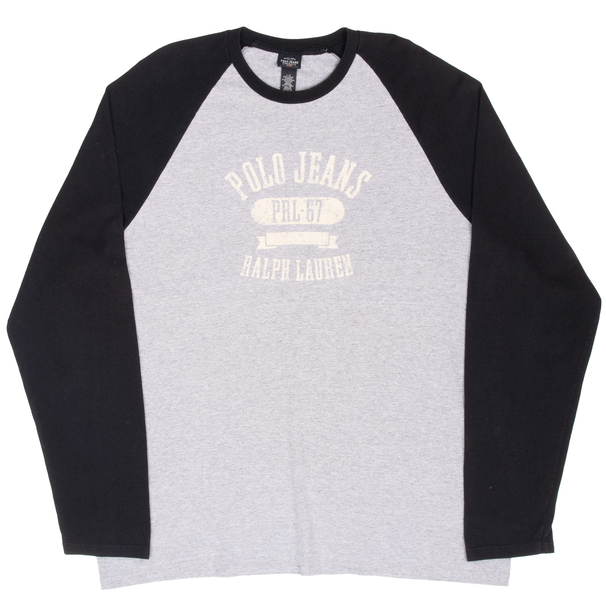 Vintage Ralph Lauren Polo Jeans Grey Black Long Sleeve Raglan Tee Shirt Size Large